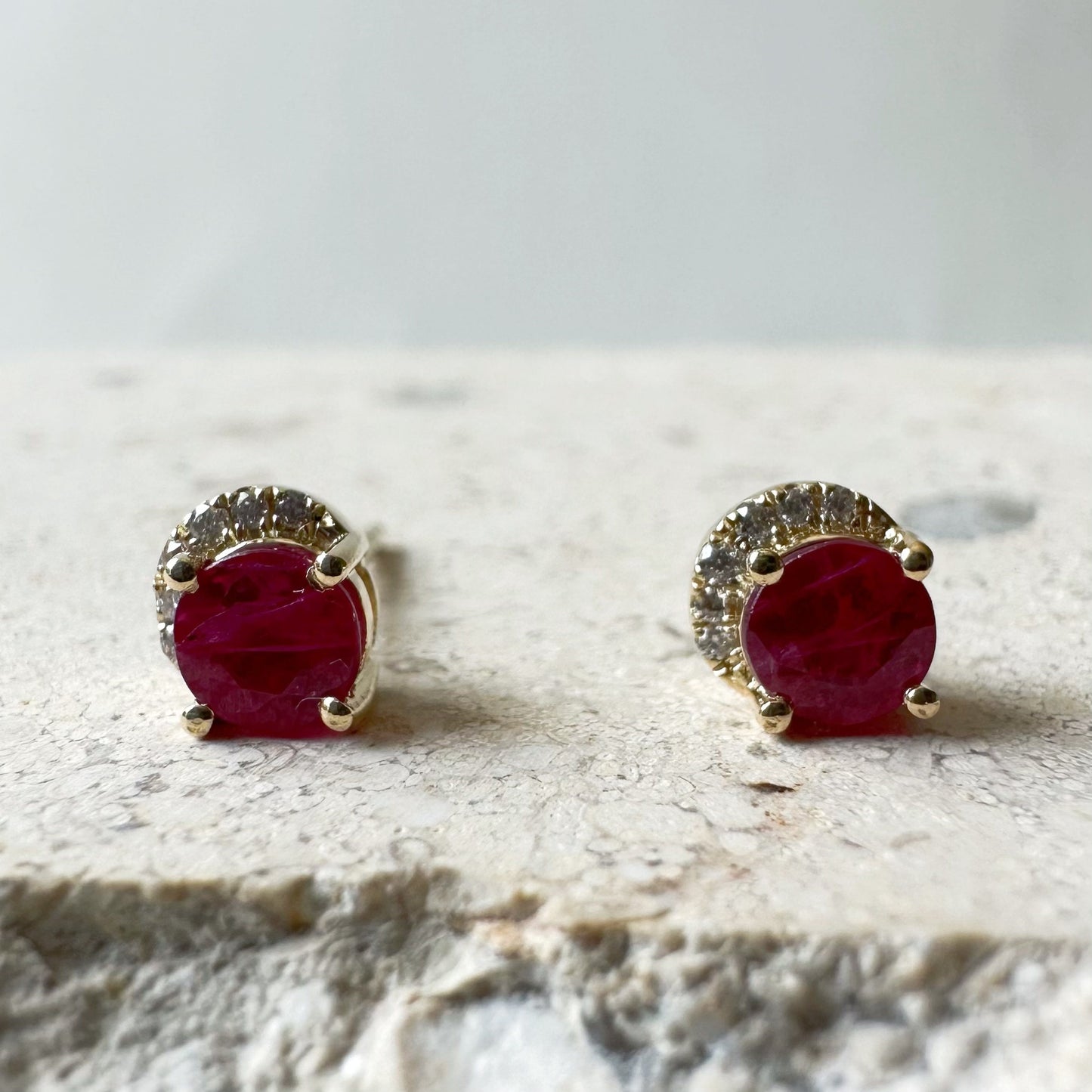 14K Solid Gold Genuine Ruby and Diamond Curve Studs/Pair