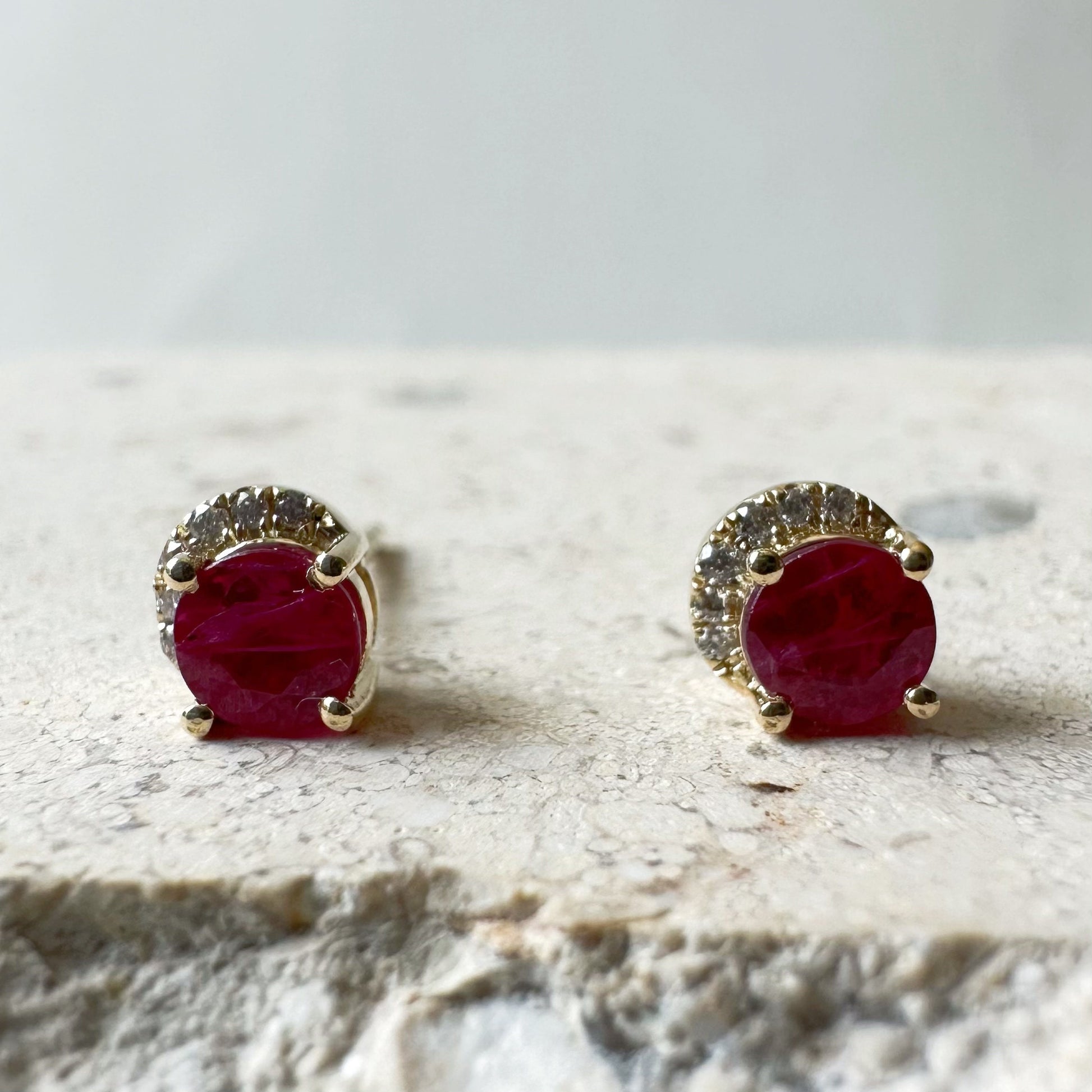 14K Solid Gold Genuine Ruby and Diamond Curve Studs/Pair