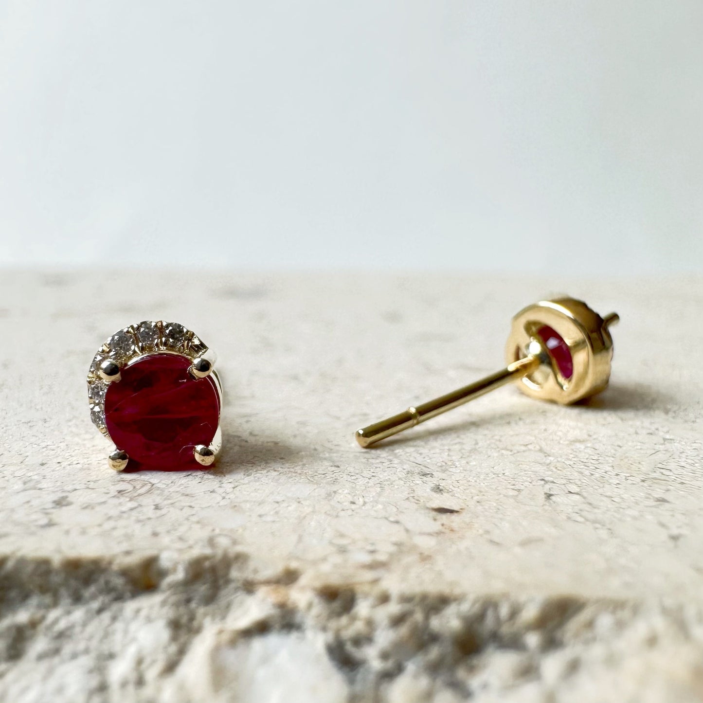 14K Solid Gold Genuine Ruby and Diamond Curve Studs/Pair