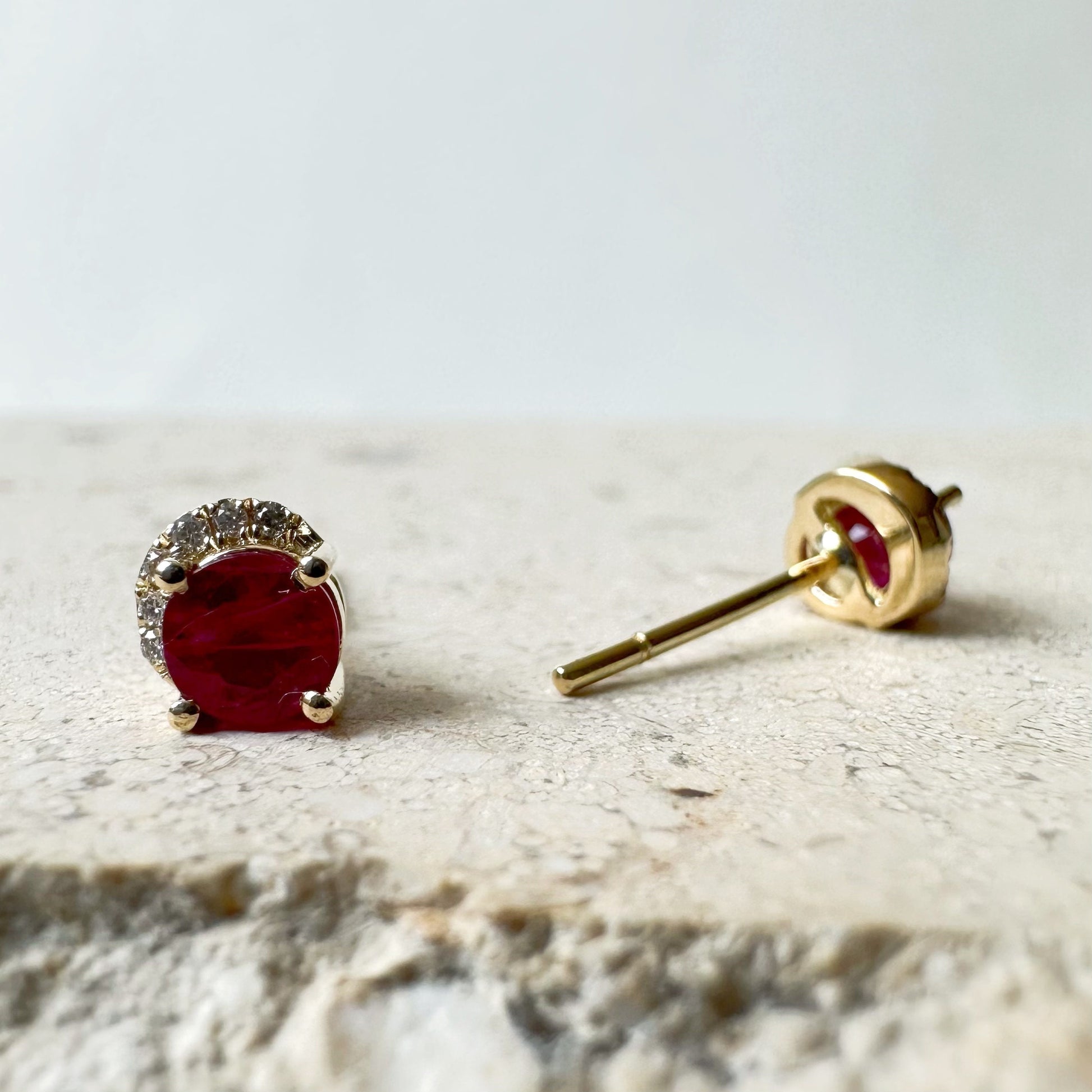 14K Solid Gold Genuine Ruby and Diamond Curve Studs/Pair