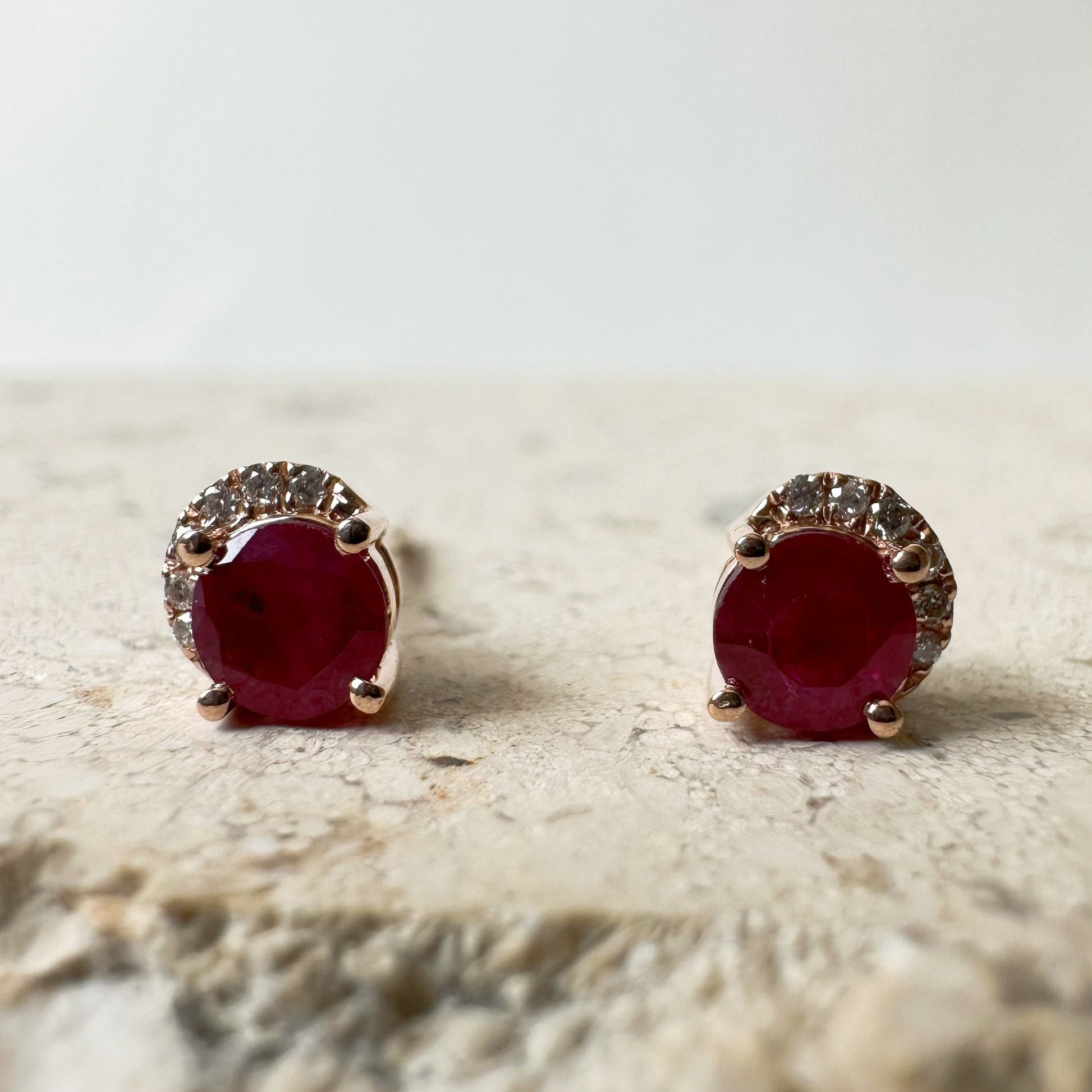 14K Solid Gold Genuine Ruby and Diamond Curve Studs/Pair