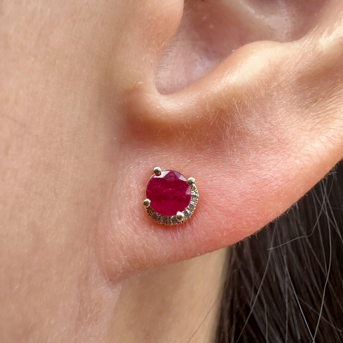14K Solid Gold Genuine Ruby and Diamond Curve Studs/Pair