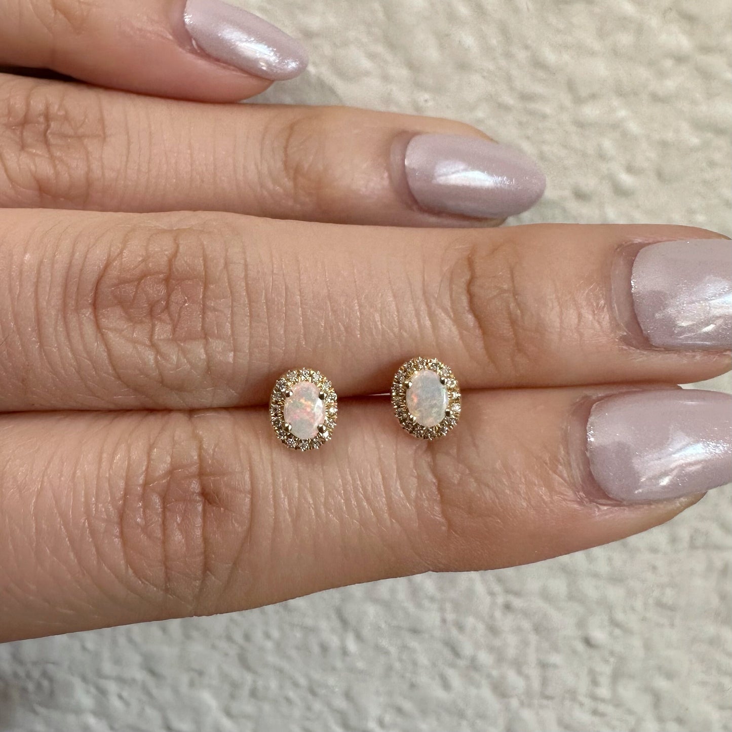 14K Solid Gold Genuine Opal and Diamond Oval Studs/Pair