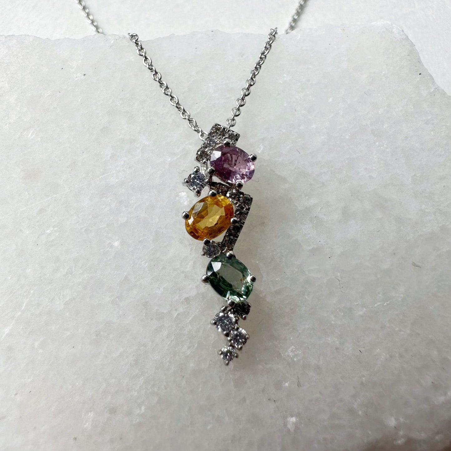 18K Solid Gold Genuine Rainbow Sapphire and Diamond Pendant (pendant only)