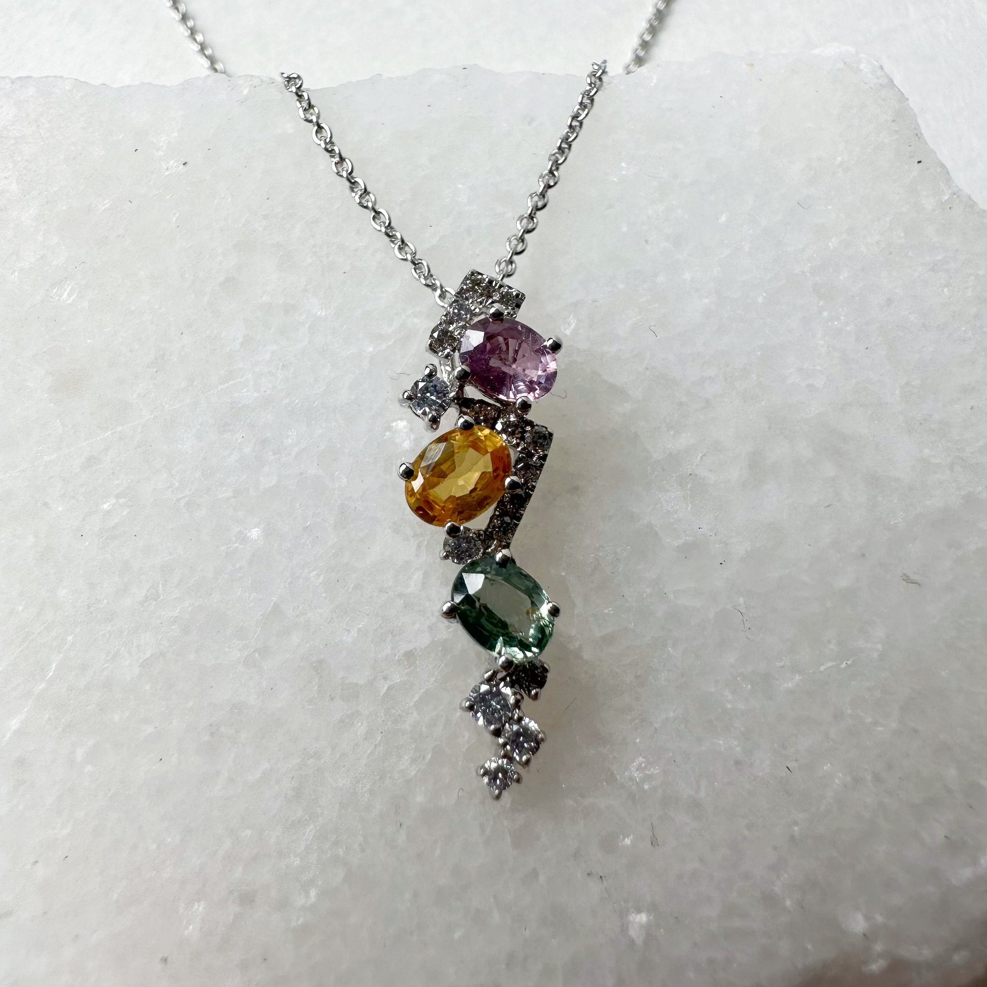18K Solid Gold Genuine Rainbow Sapphire and Diamond Pendant (pendant only)