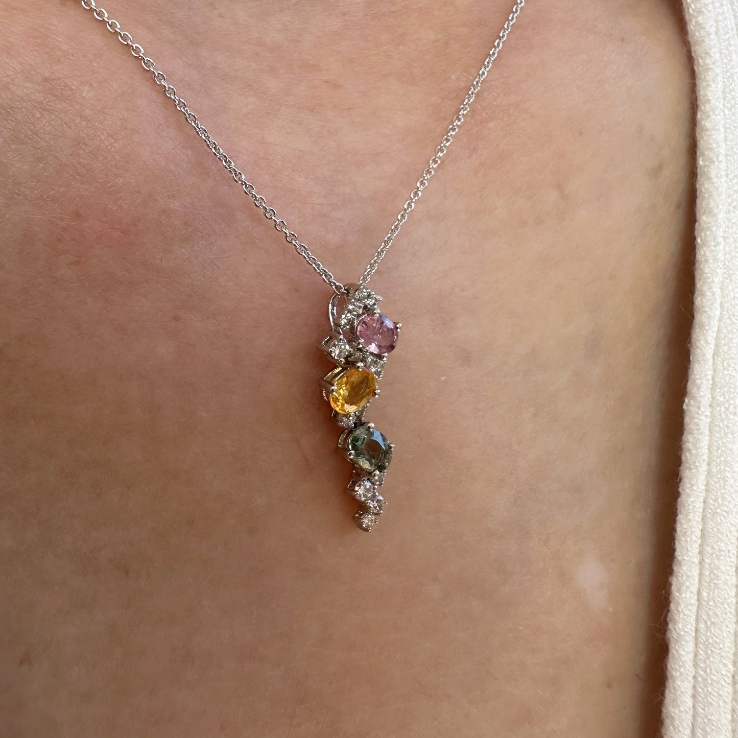 18K Solid Gold Genuine Rainbow Sapphire and Diamond Pendant (pendant only)