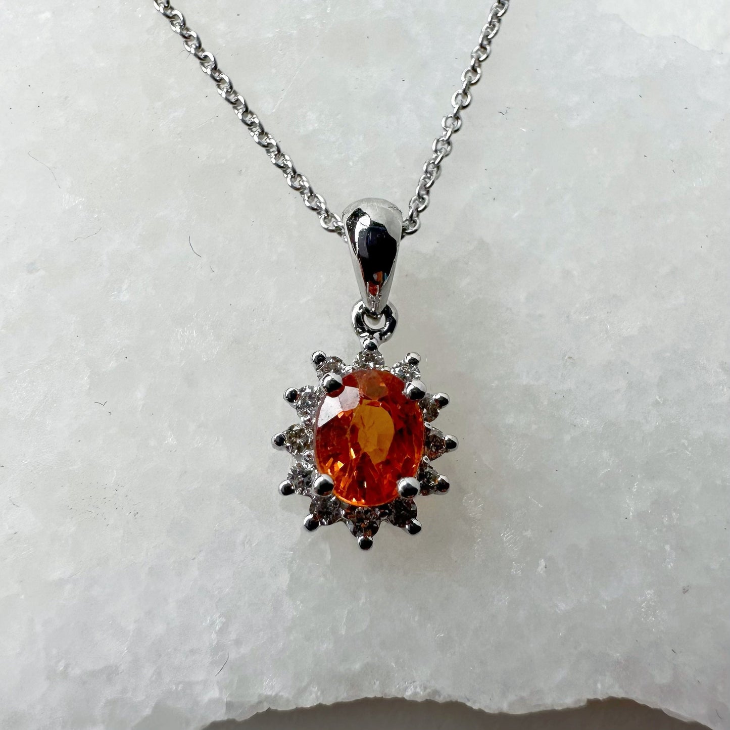 14K Solid Gold Orange Sapphire and Diamond Halo Pendant