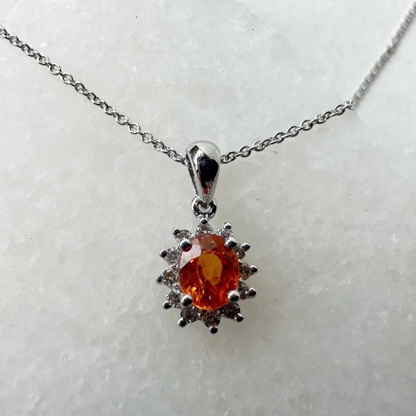14K Solid Gold Orange Sapphire and Diamond Halo Pendant