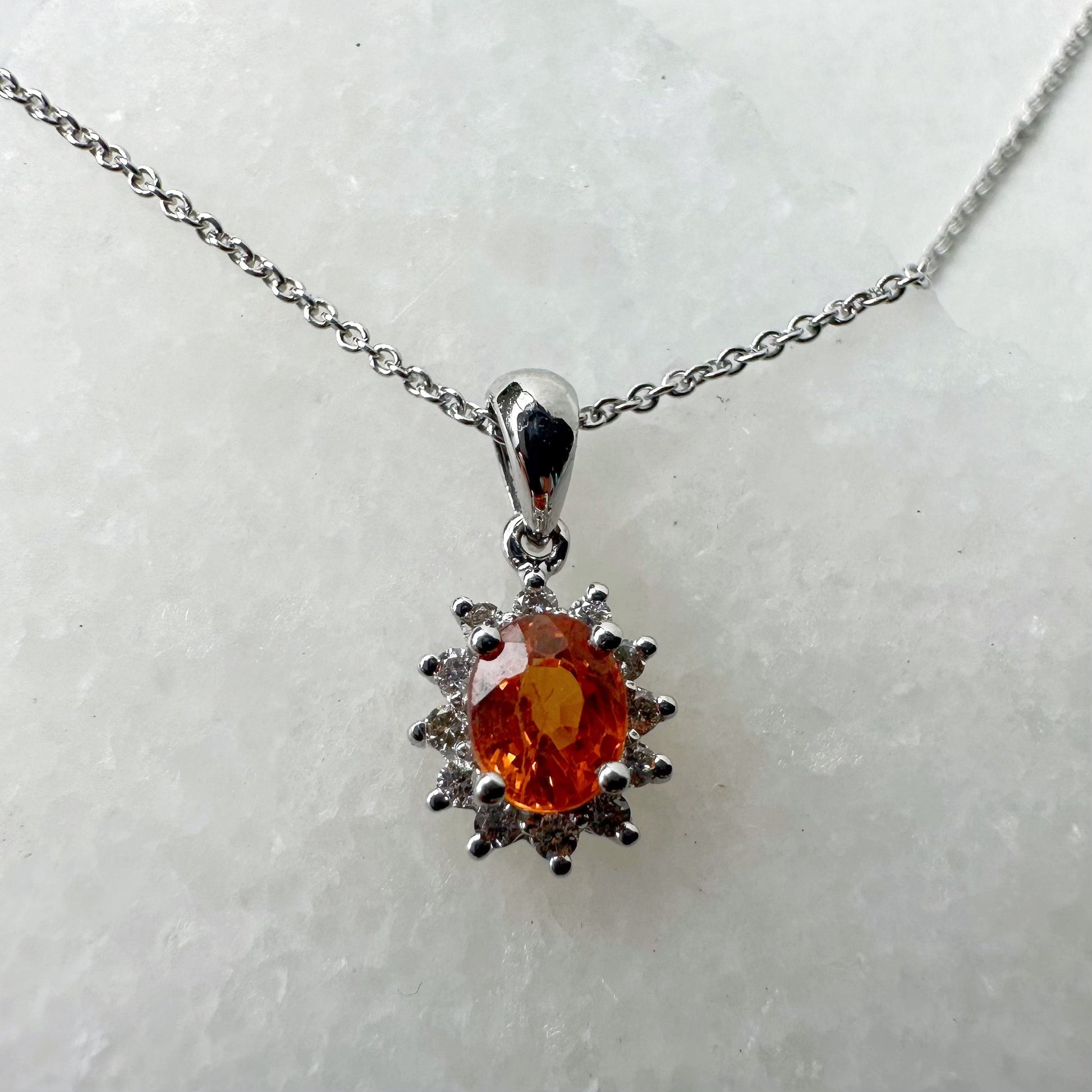14K Solid Gold Orange Sapphire and Diamond Halo Pendant