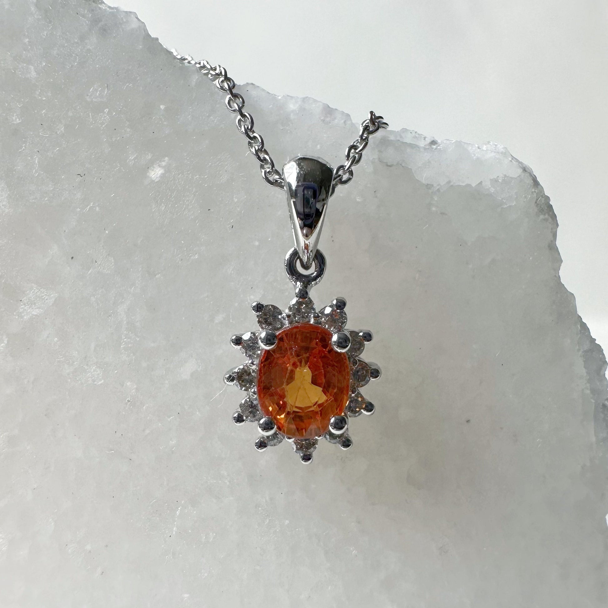 14K Solid Gold Orange Sapphire and Diamond Halo Pendant