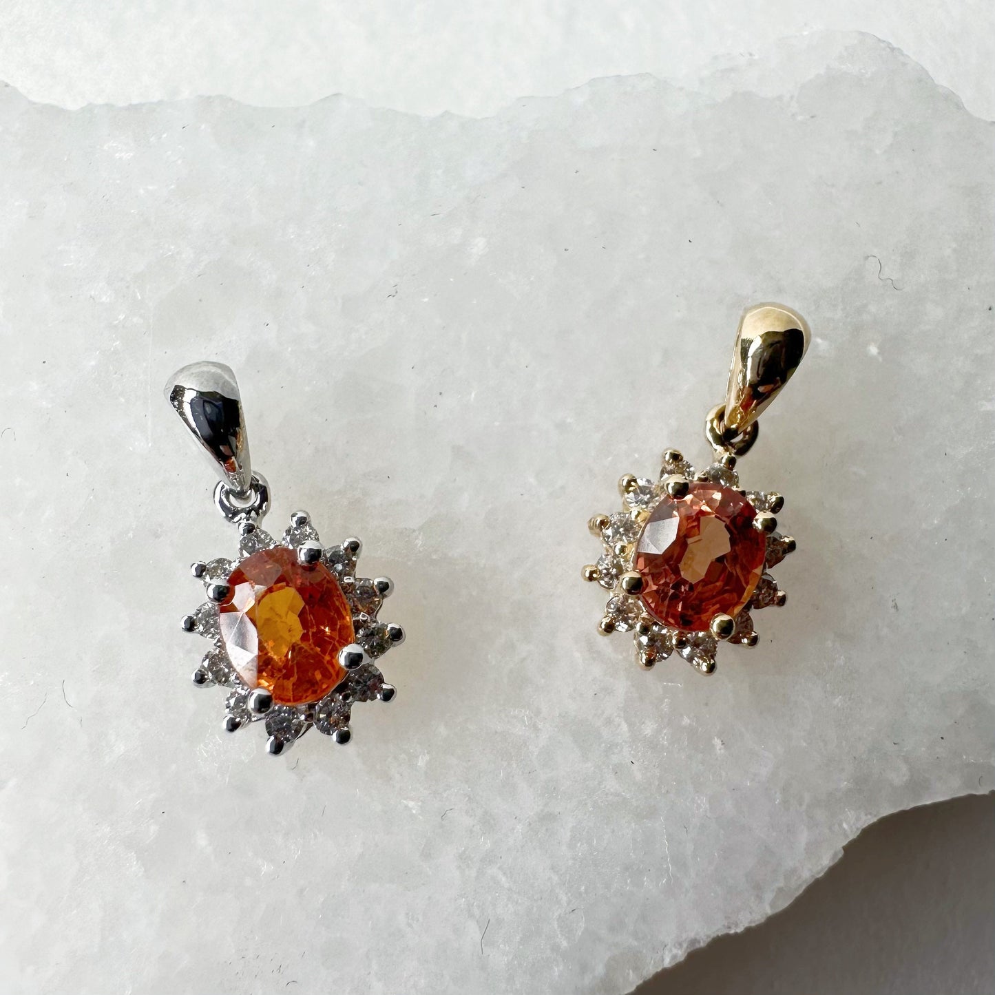 14K Solid Gold Orange Sapphire and Diamond Halo Pendant