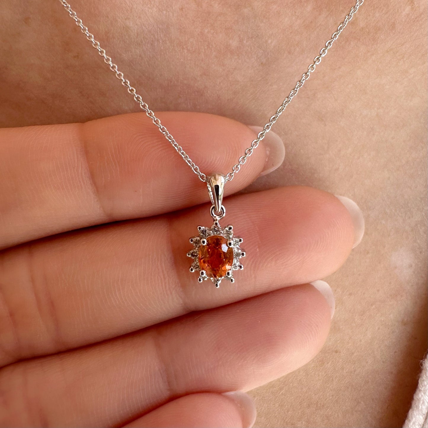 14K Solid Gold Orange Sapphire and Diamond Halo Pendant