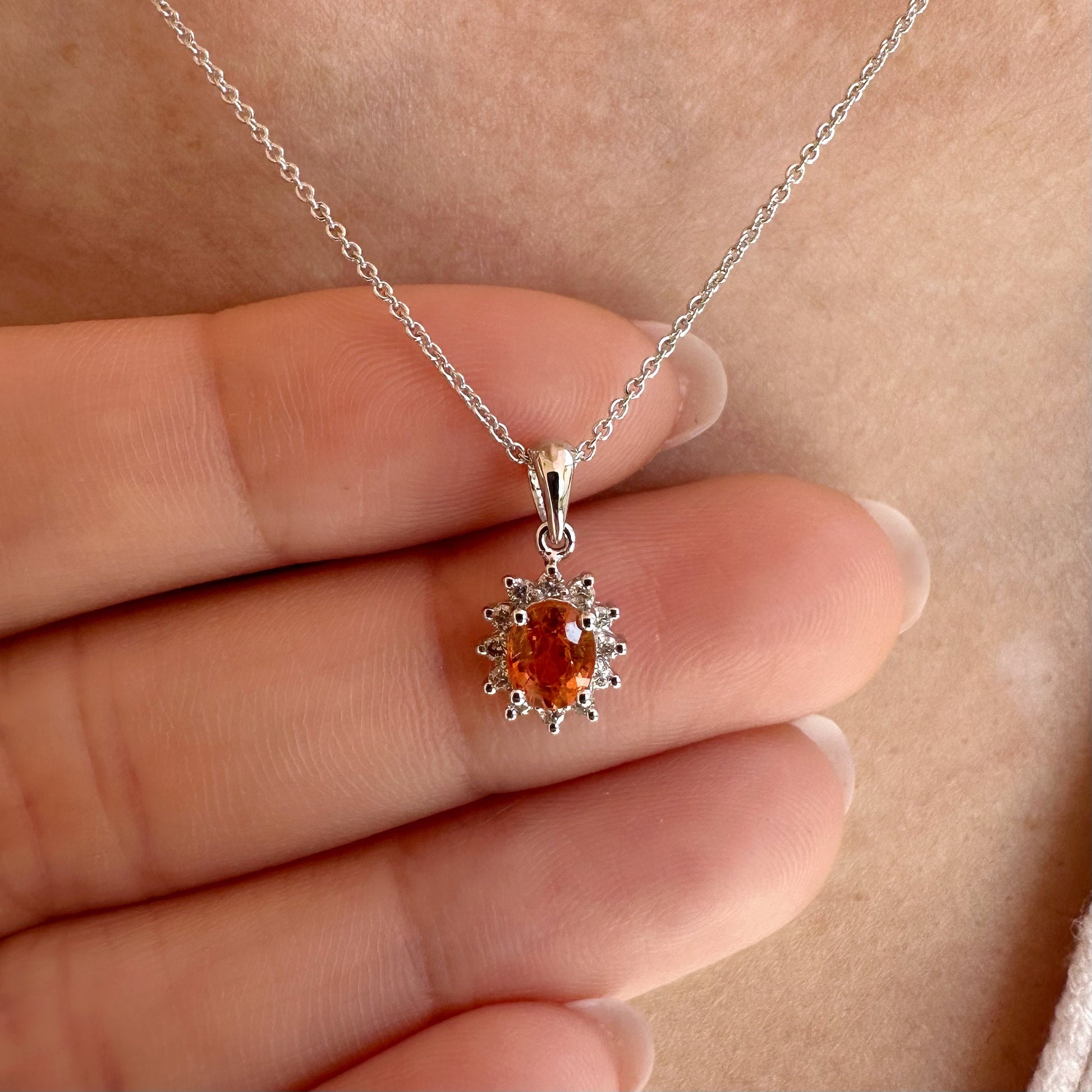 14K Solid Gold Orange Sapphire and Diamond Halo Pendant