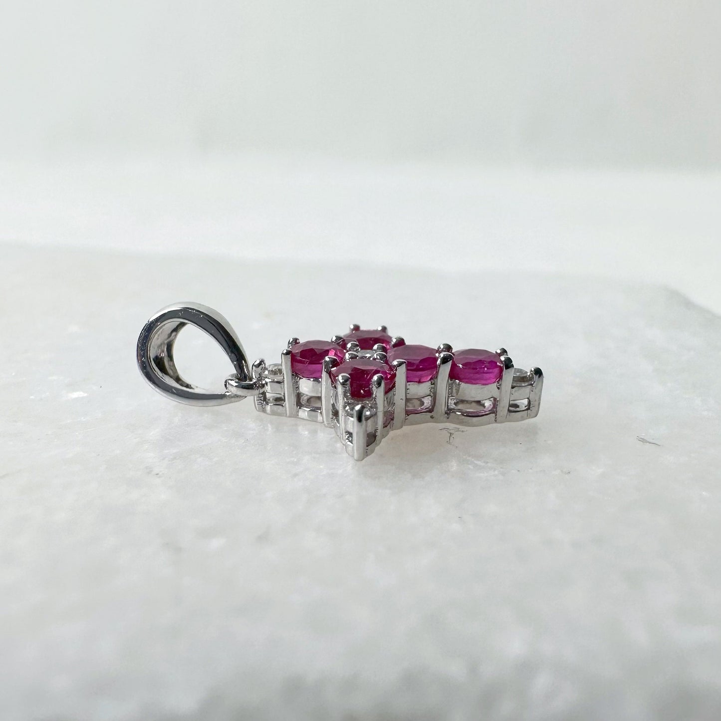 18K Solid White Gold Genuine Ruby and Diamond Dainty Cross Pendant (pendant only)