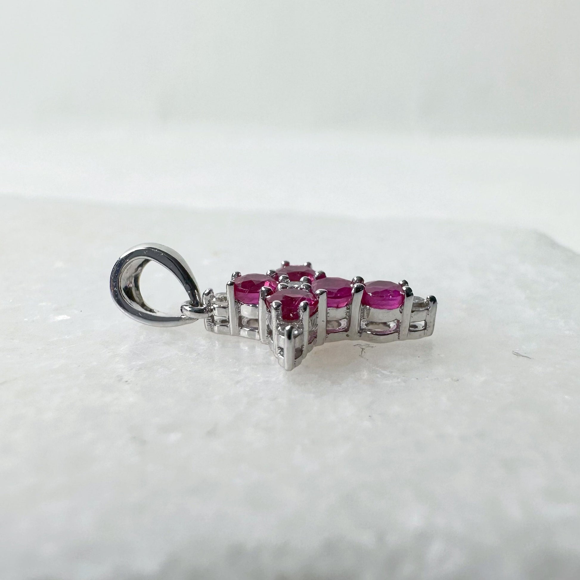 18K Solid White Gold Genuine Ruby and Diamond Dainty Cross Pendant (pendant only)