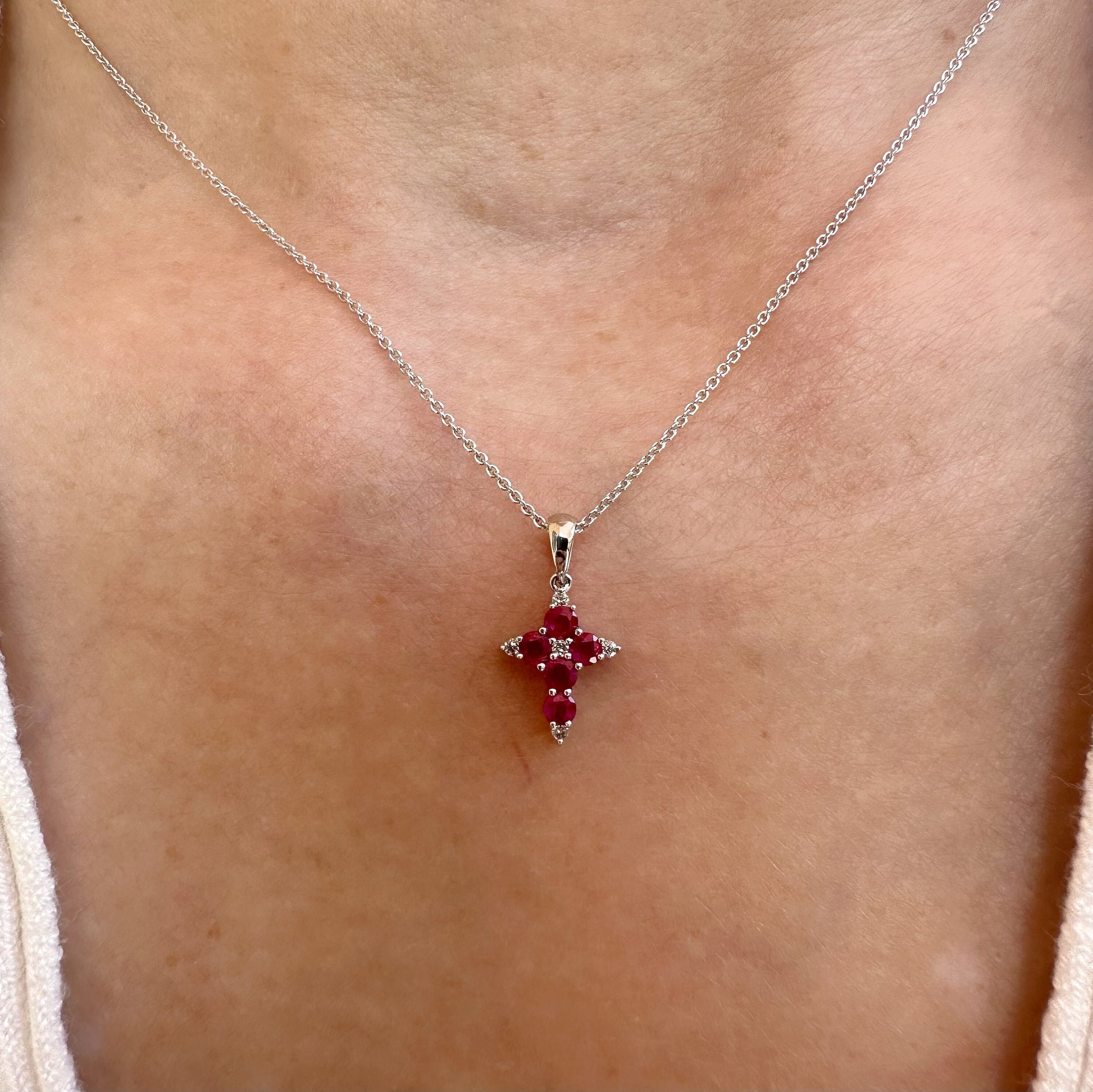 18K Solid White Gold Genuine Ruby and Diamond Dainty Cross Pendant (pendant only)
