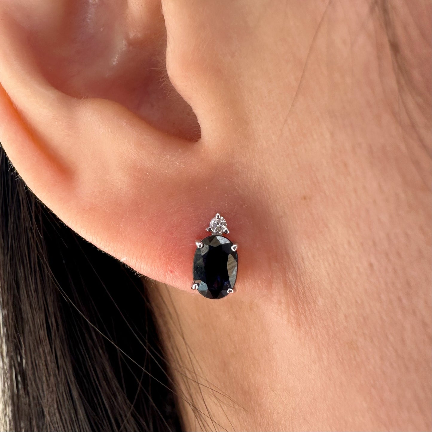 14K Solid Gold Genuine 1.21 Carat Sapphire and Diamond Oval Studs/Pair