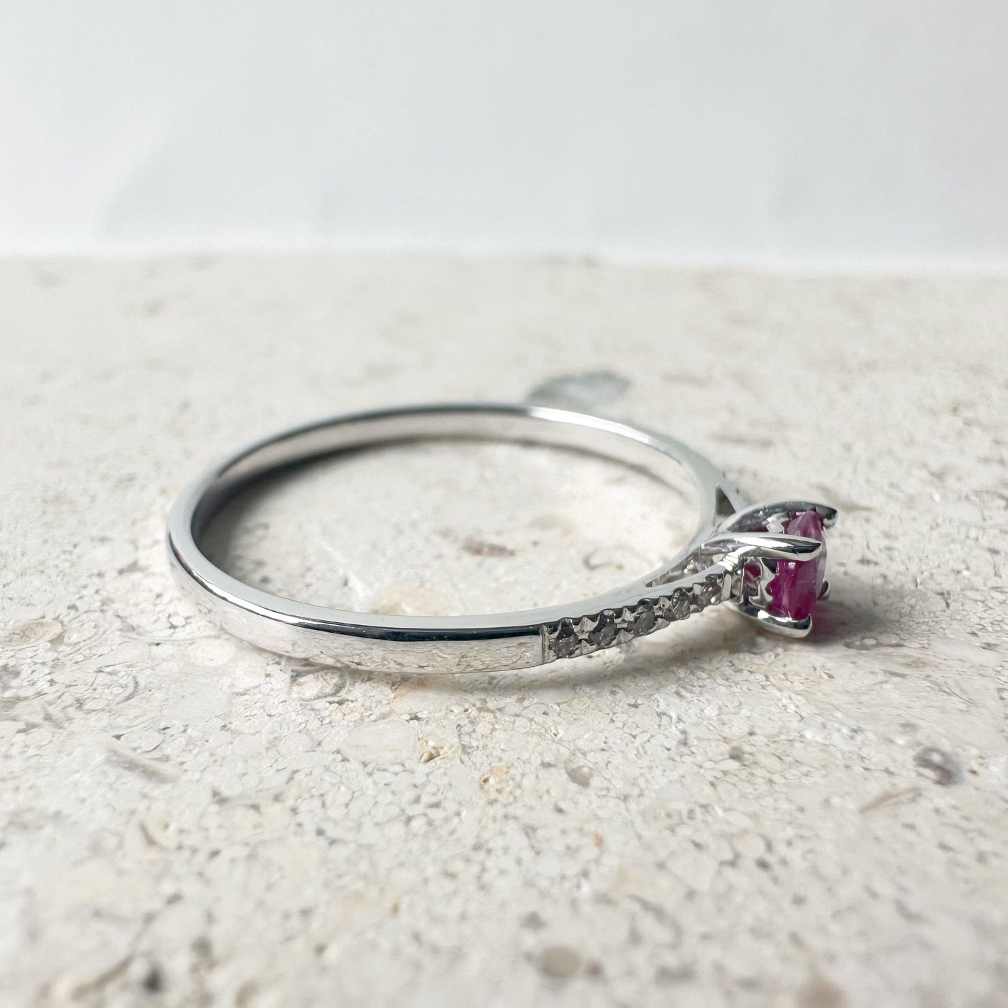 14K Solid White Gold Genuine Ruby and Diamond Ring