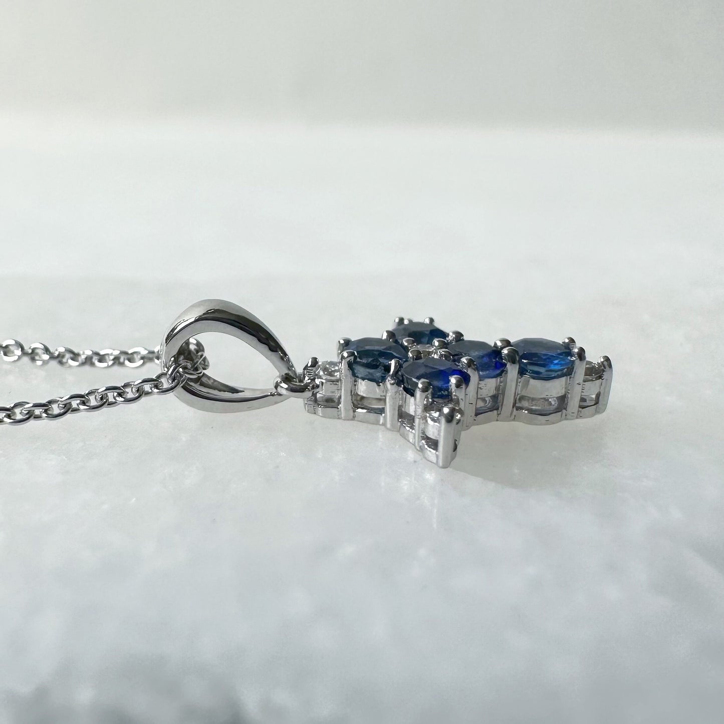 18K Solid White Gold Genuine Sapphire and Diamond Dainty Cross Pendant (pendant only)