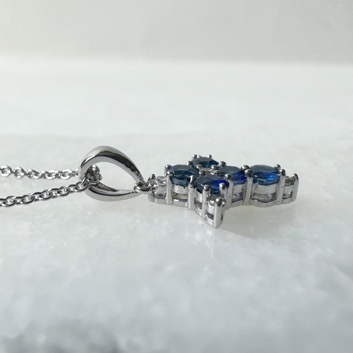 18K Solid White Gold Genuine Sapphire and Diamond Dainty Cross Pendant (pendant only)