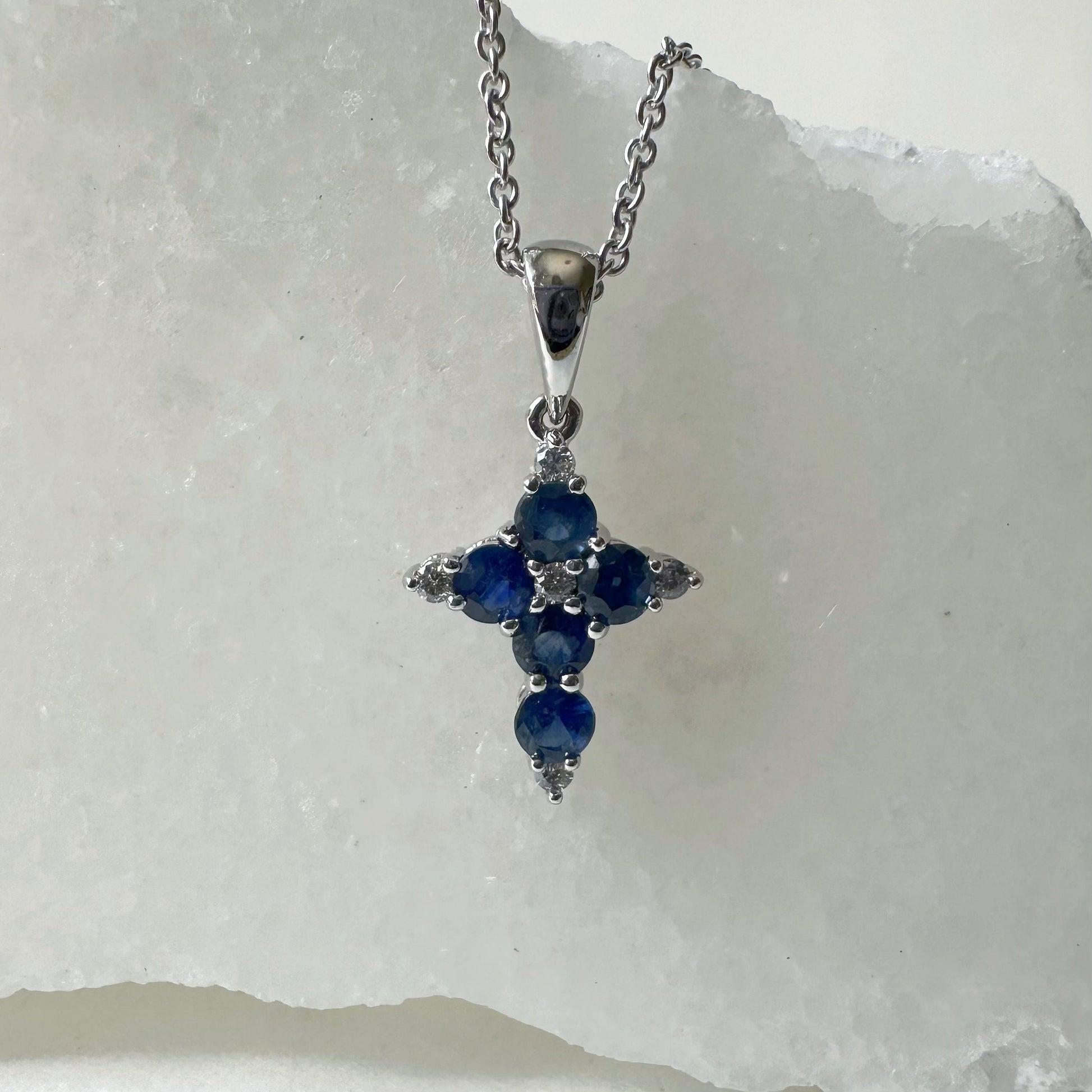 18K Solid White Gold Genuine Sapphire and Diamond Dainty Cross Pendant (pendant only)