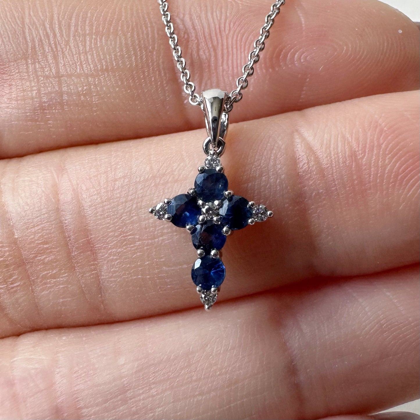 18K Solid White Gold Genuine Sapphire and Diamond Dainty Cross Pendant (pendant only)