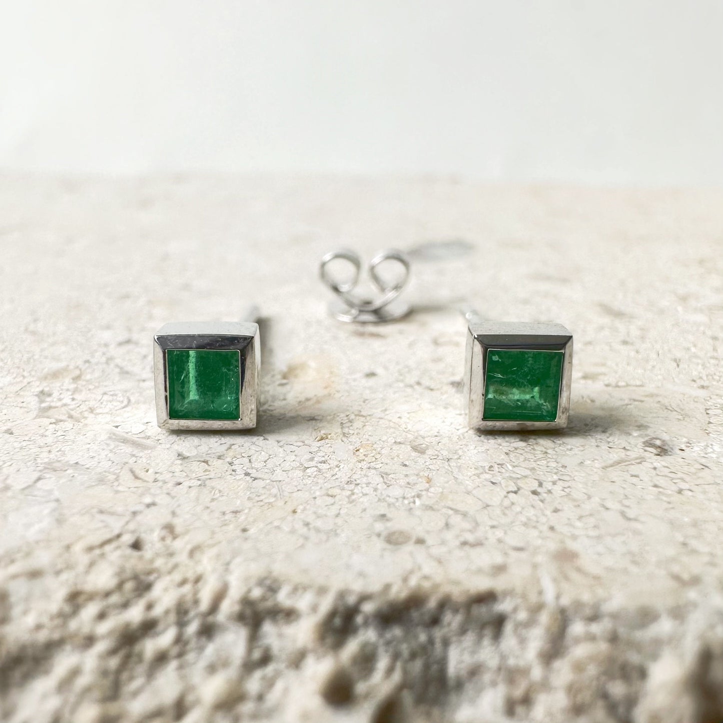 14K Solid Gold Genuine Square Emerald Bezel Studs/Pair