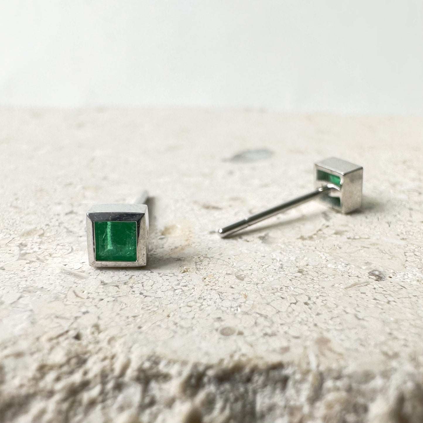 14K Solid Gold Genuine Square Emerald Bezel Studs/Pair