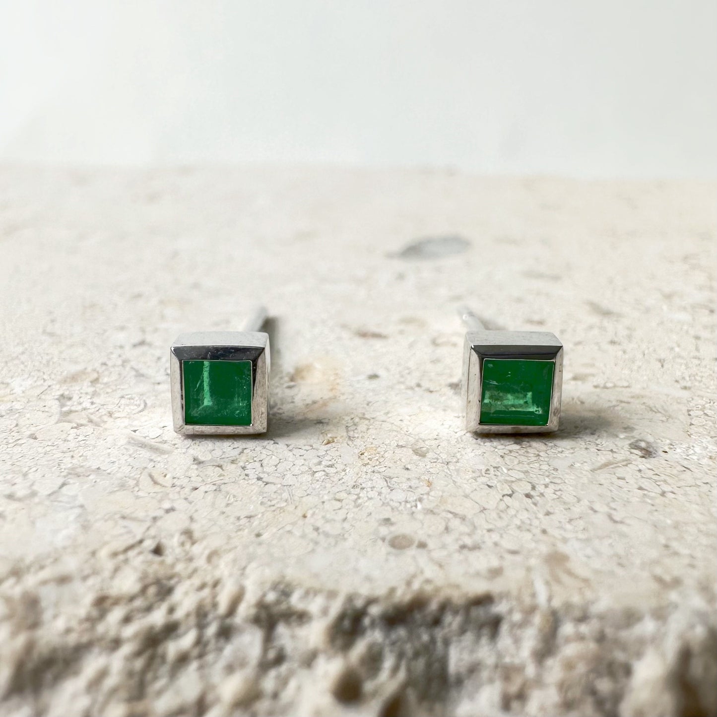 14K Solid Gold Genuine Square Emerald Bezel Studs/Pair