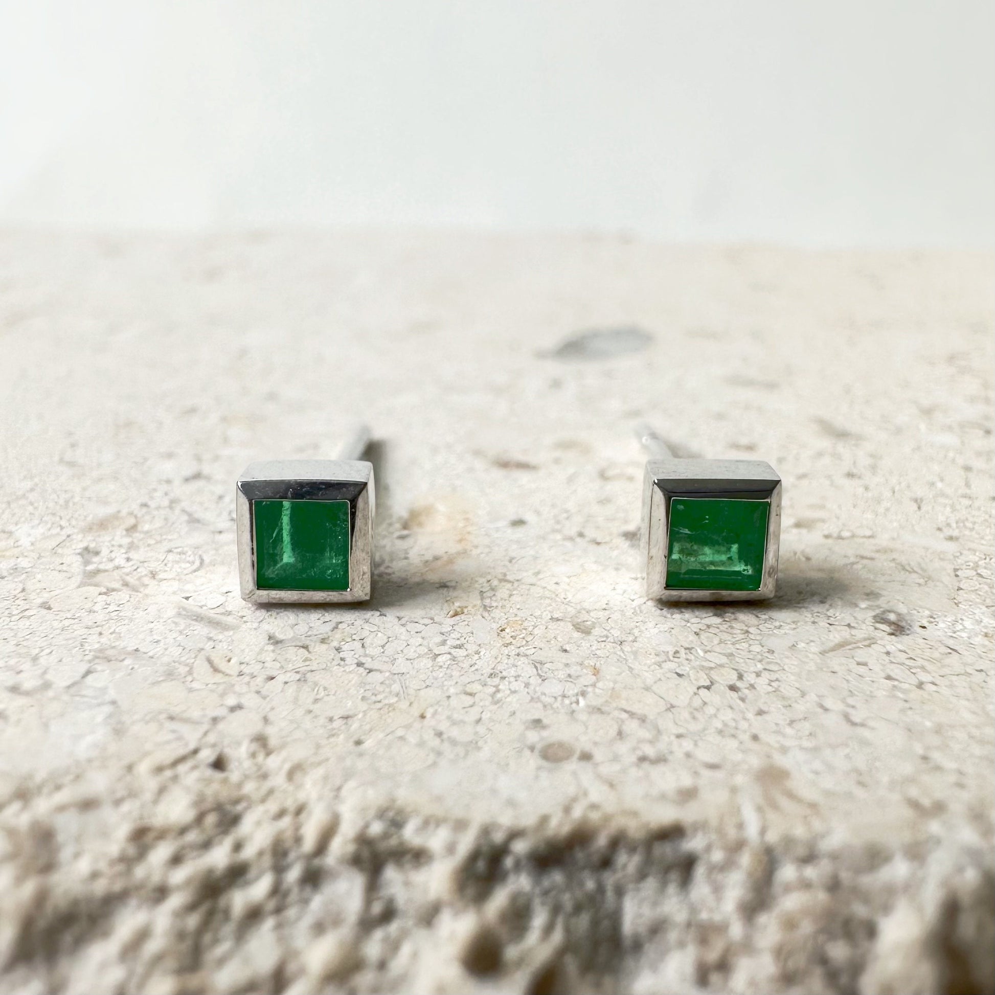 14K Solid Gold Genuine Square Emerald Bezel Studs/Pair