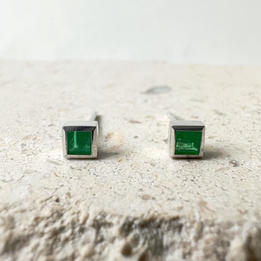 14K Solid Gold Genuine Square Emerald Bezel Studs/Pair