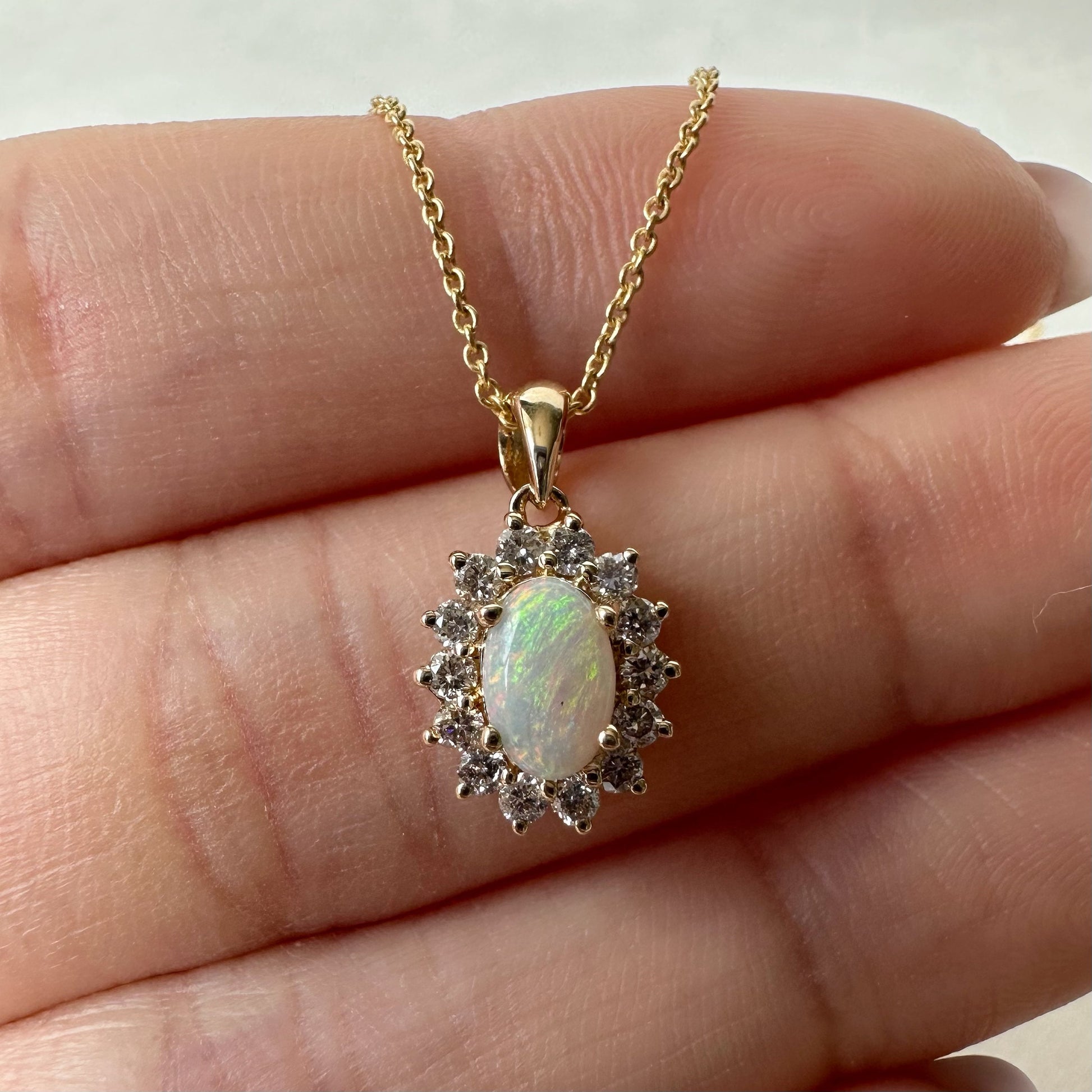 18K Solid Yellow Gold Genuine Opal and Diamond Pendant (Pendant only)