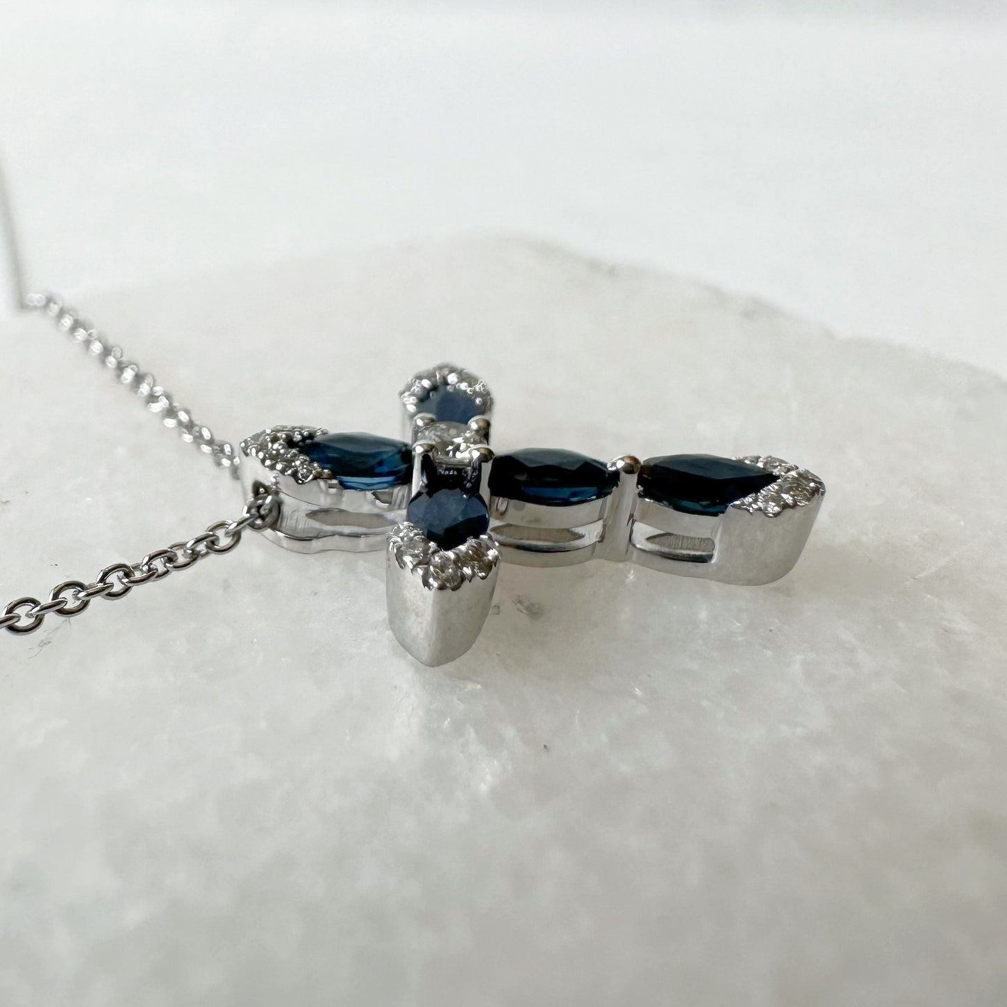 14K Solid Gold Genuine Sapphire and Diamond Cross Pendant