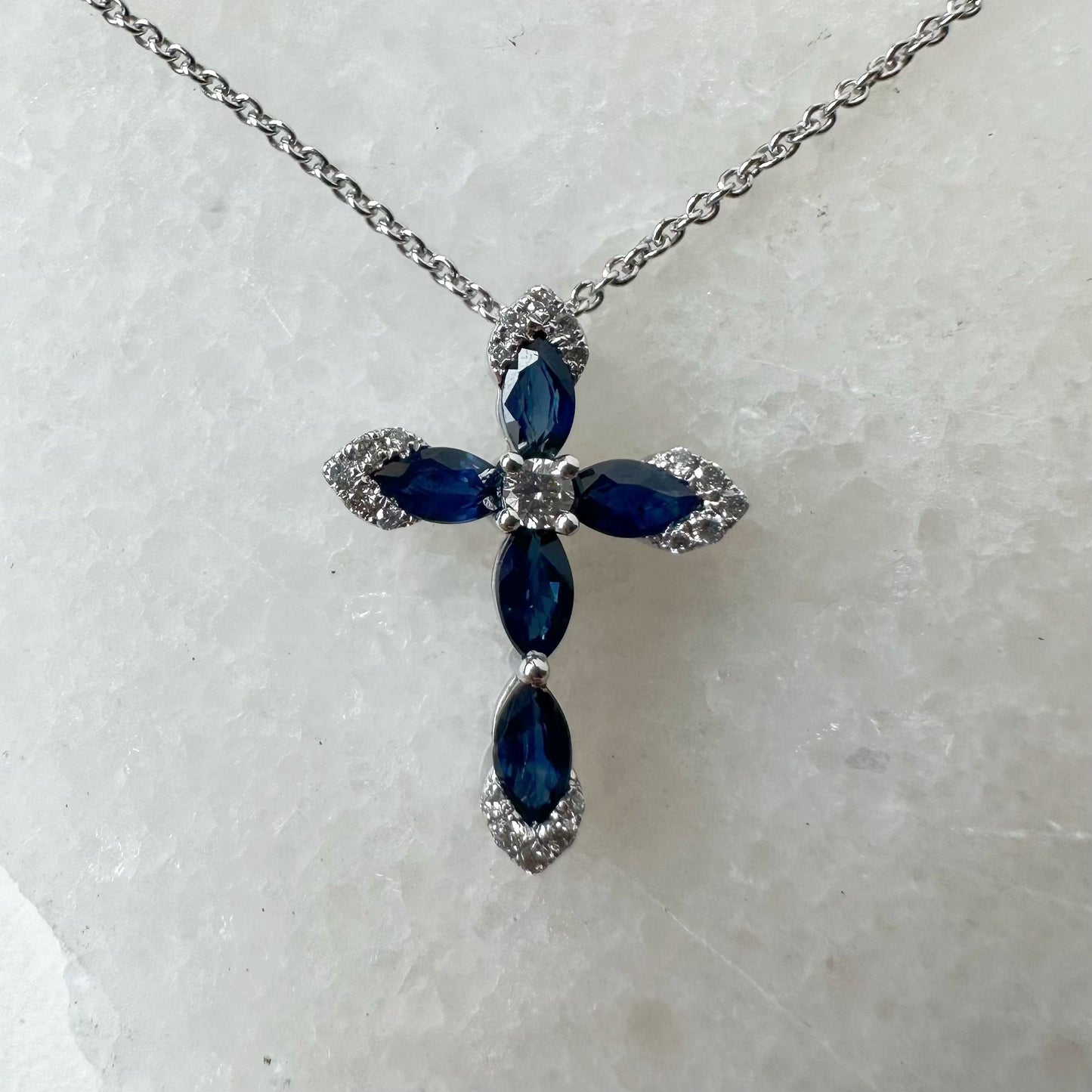 14K Solid White Gold Genuine Sapphire and Diamond Cross Pendant