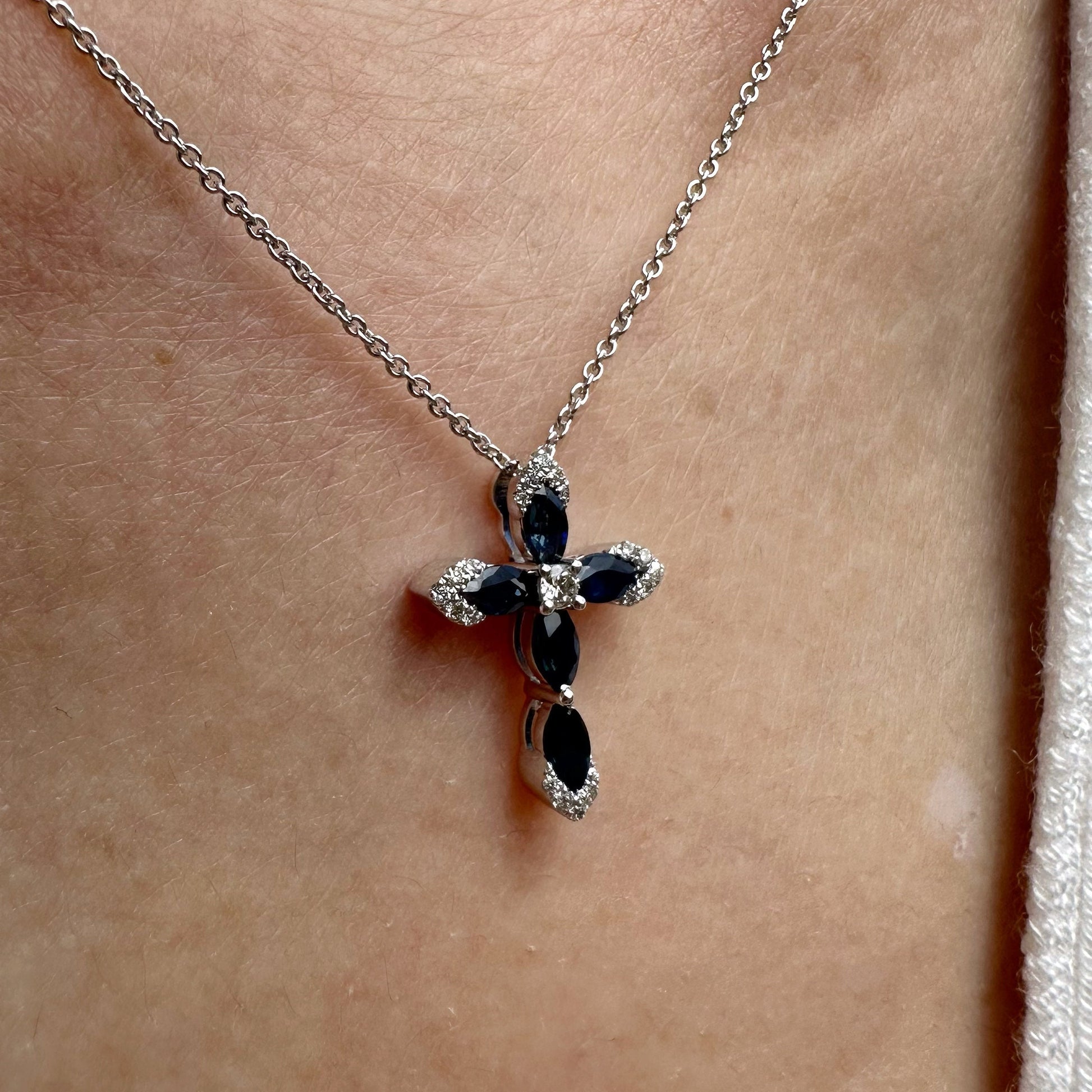 14K Solid White Gold Genuine Sapphire and Diamond Cross Pendant