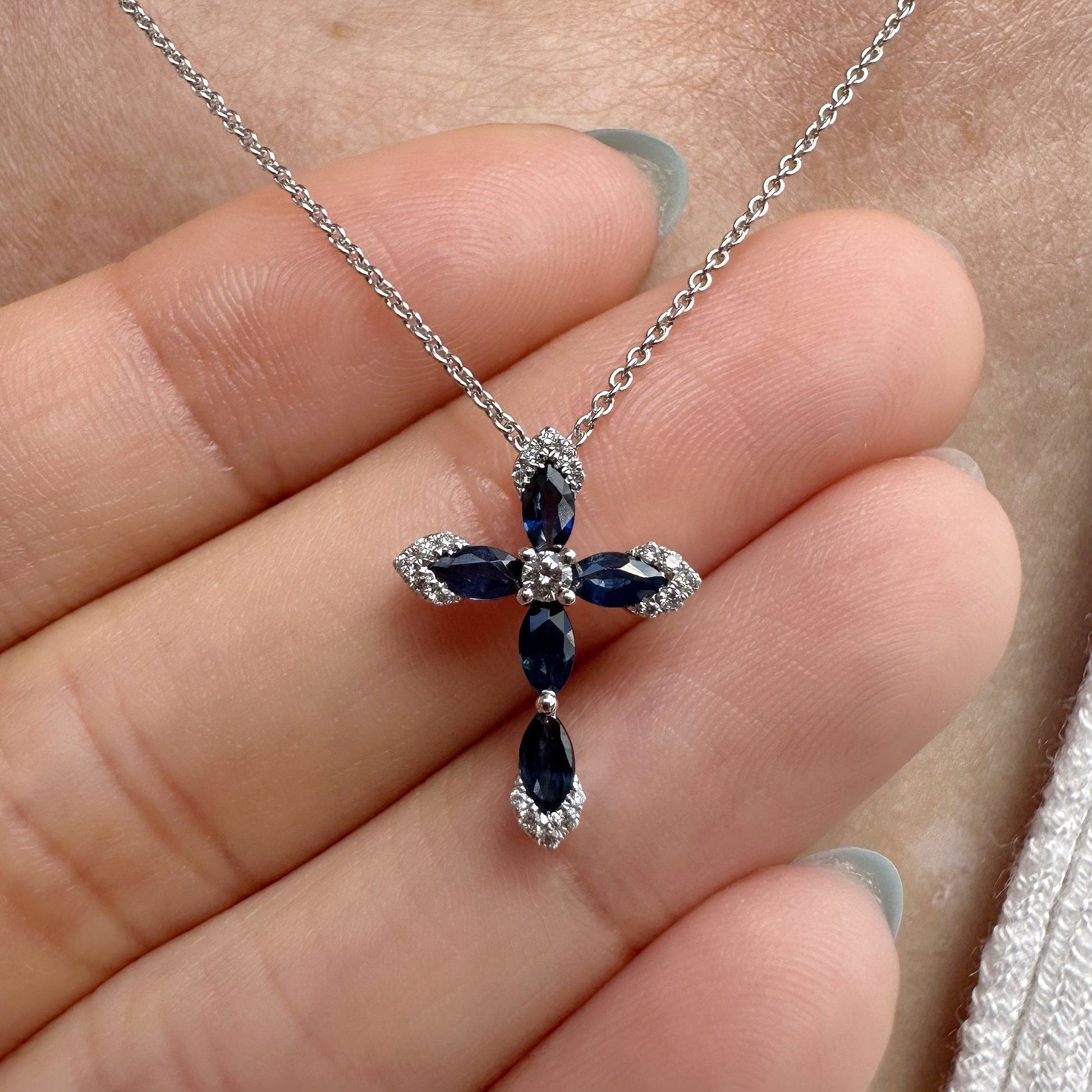 14K Solid White Gold Genuine Sapphire and Diamond Cross Pendant