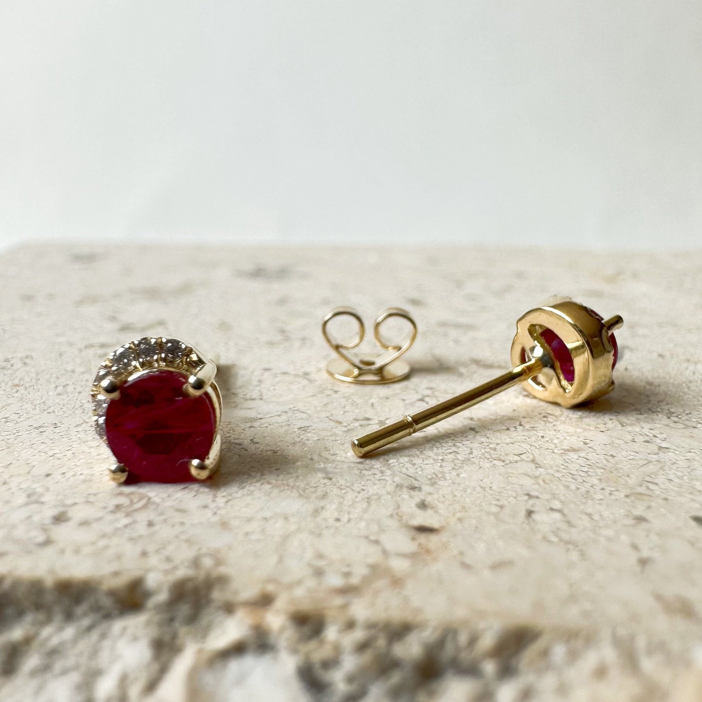 14K Solid Gold Genuine Ruby and Diamond Curve Studs/Pair