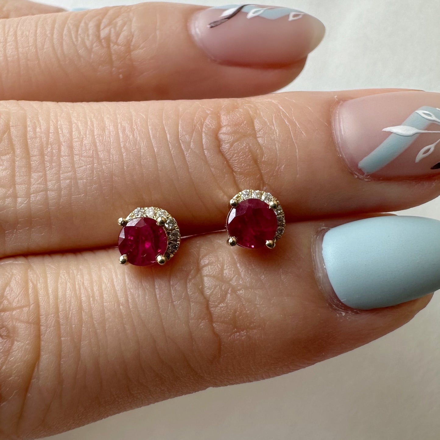 14K Solid Gold Genuine Ruby and Diamond Curve Studs/Pair