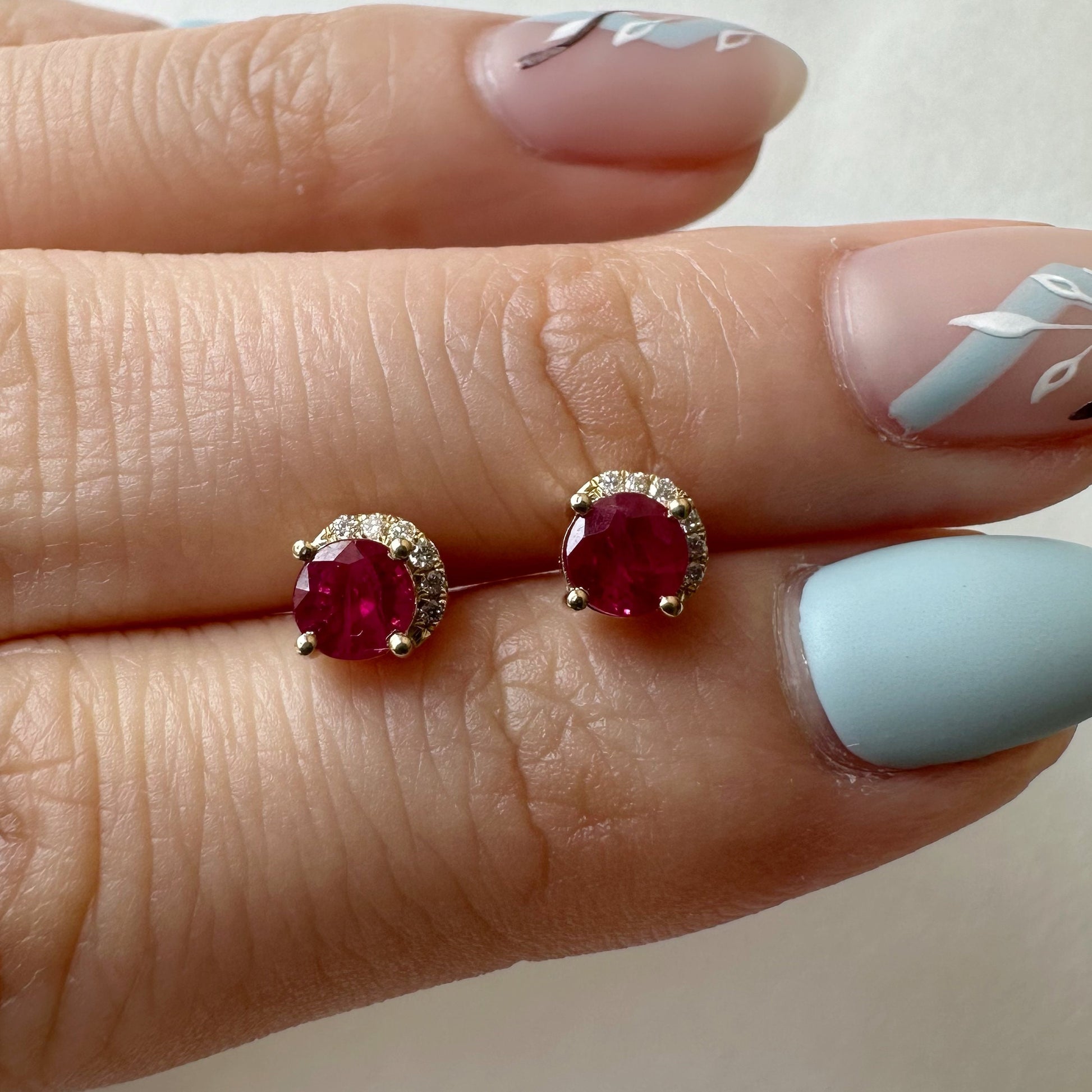 14K Solid Gold Genuine Ruby and Diamond Curve Studs/Pair