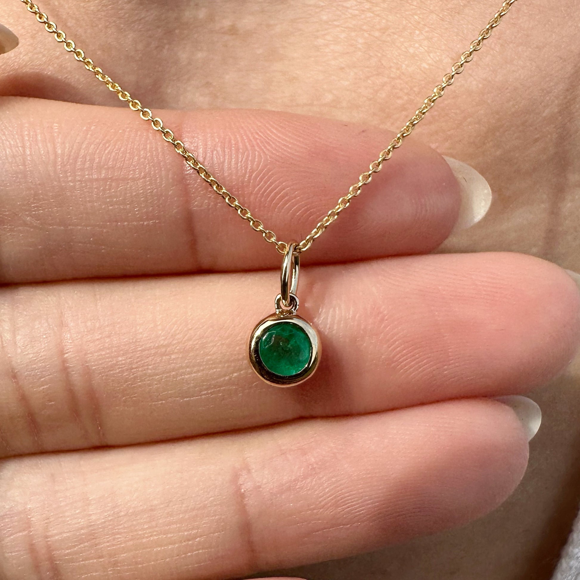 14K Solid Gold Genuine Bezel Emerald Pendant