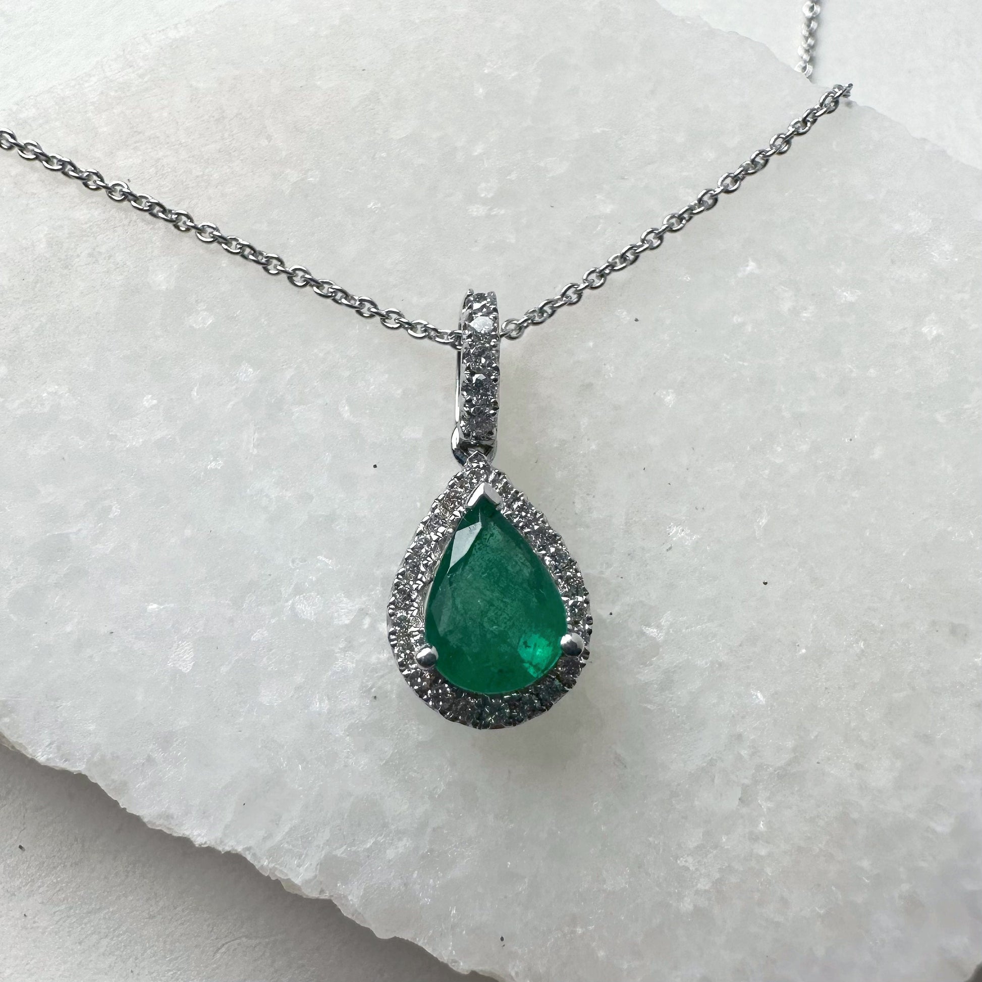 14K Solid Gold Genuine Emerald and Diamond Pendant