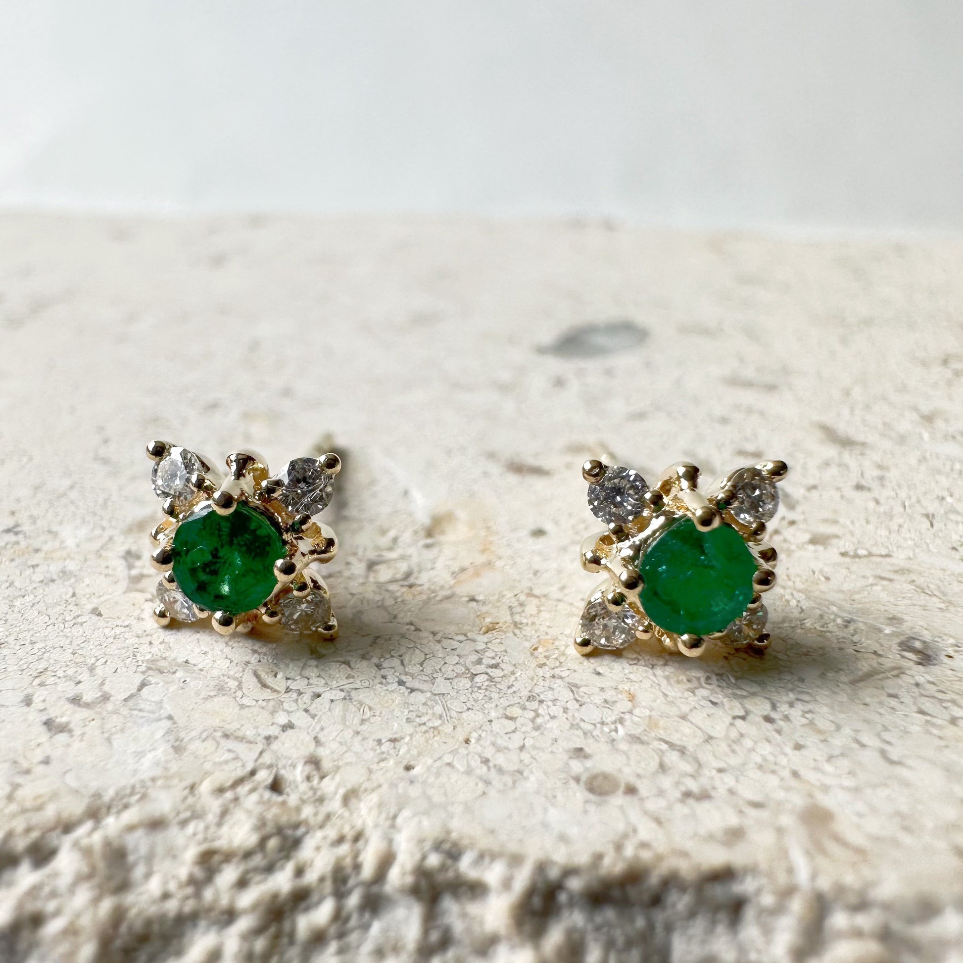 14K Solid Gold Genuine Emerald and Diamond Star Studs/Pair