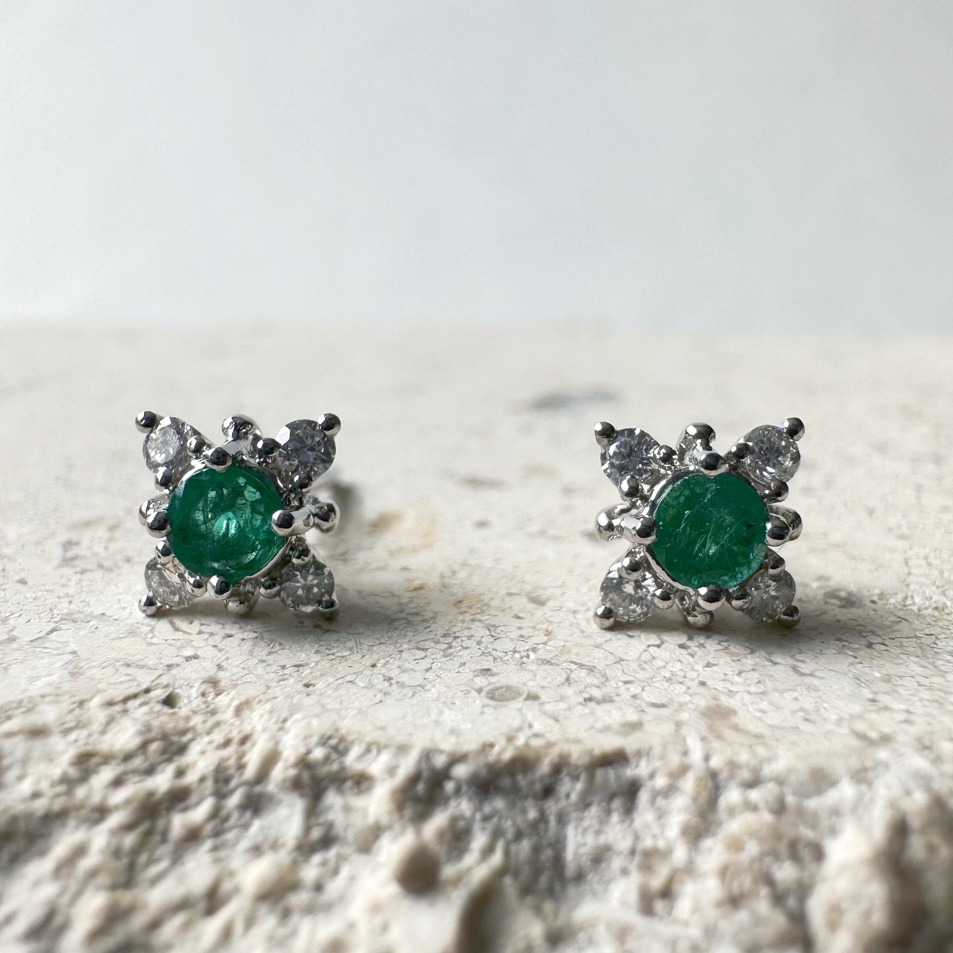 14K Solid Gold Genuine Emerald and Diamond Star Studs/Pair