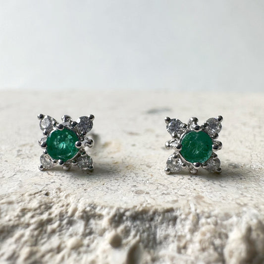 14K Solid Gold Genuine Emerald and Diamond Star Studs/Pair