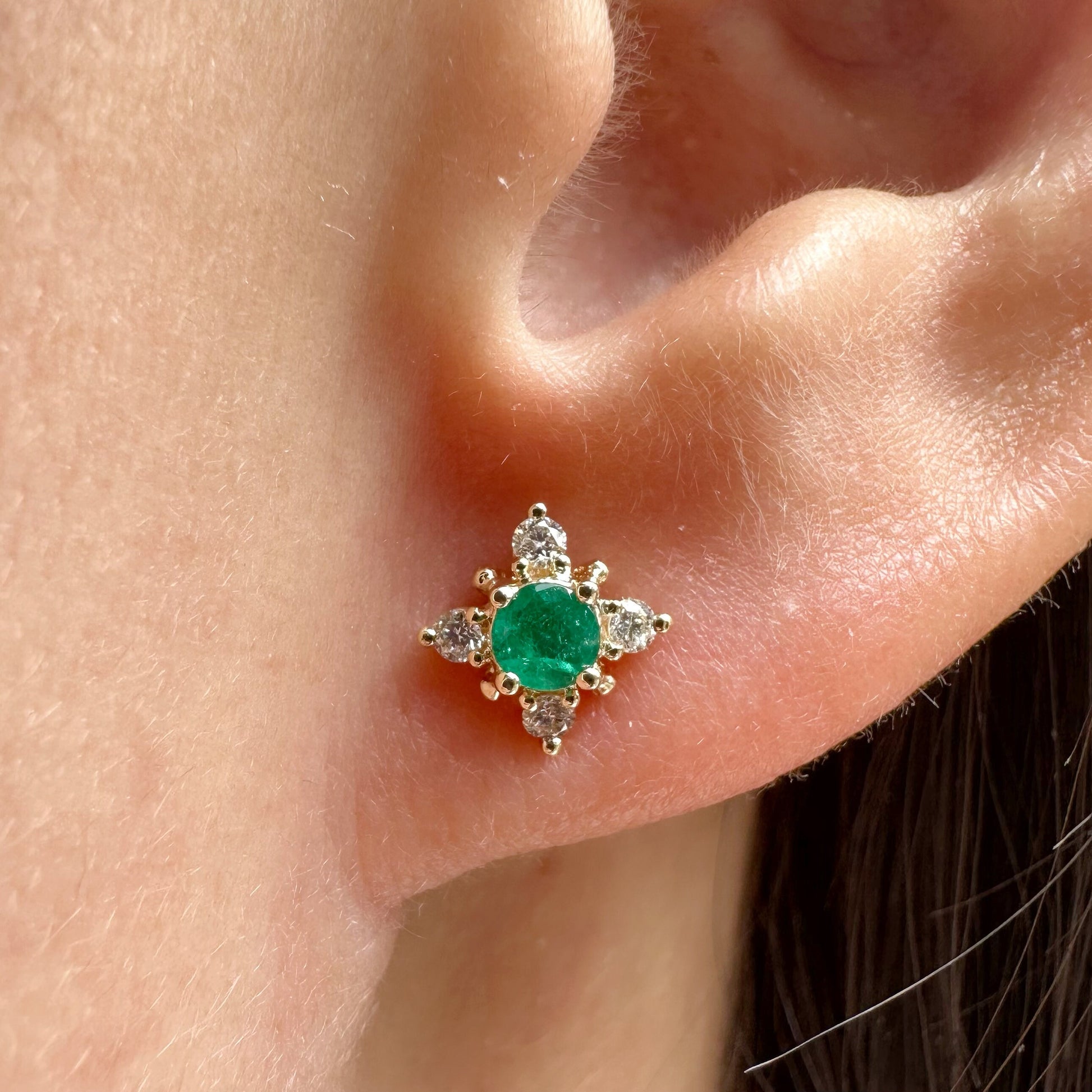 14K Solid Gold Genuine Emerald and Diamond Star Studs/Pair