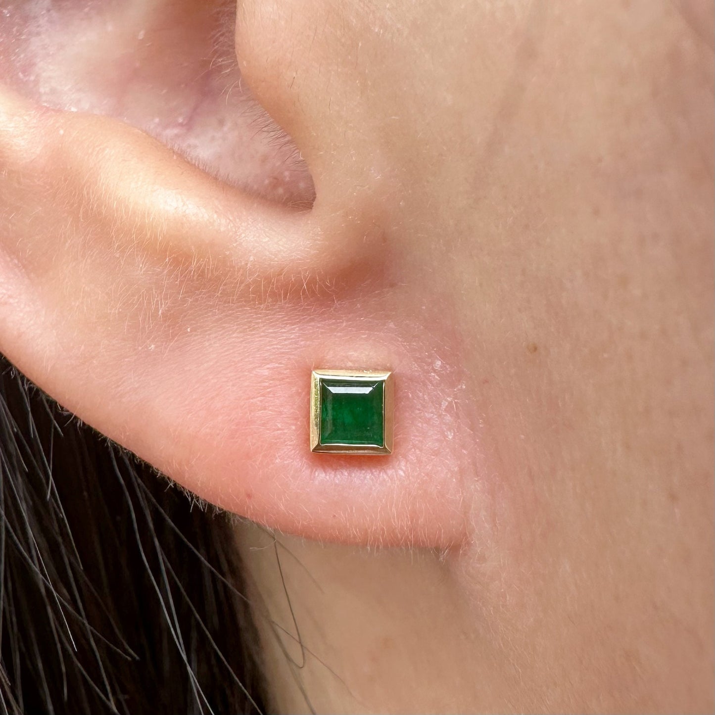 14K Solid Gold Genuine Square Emerald Bezel Studs/Pair