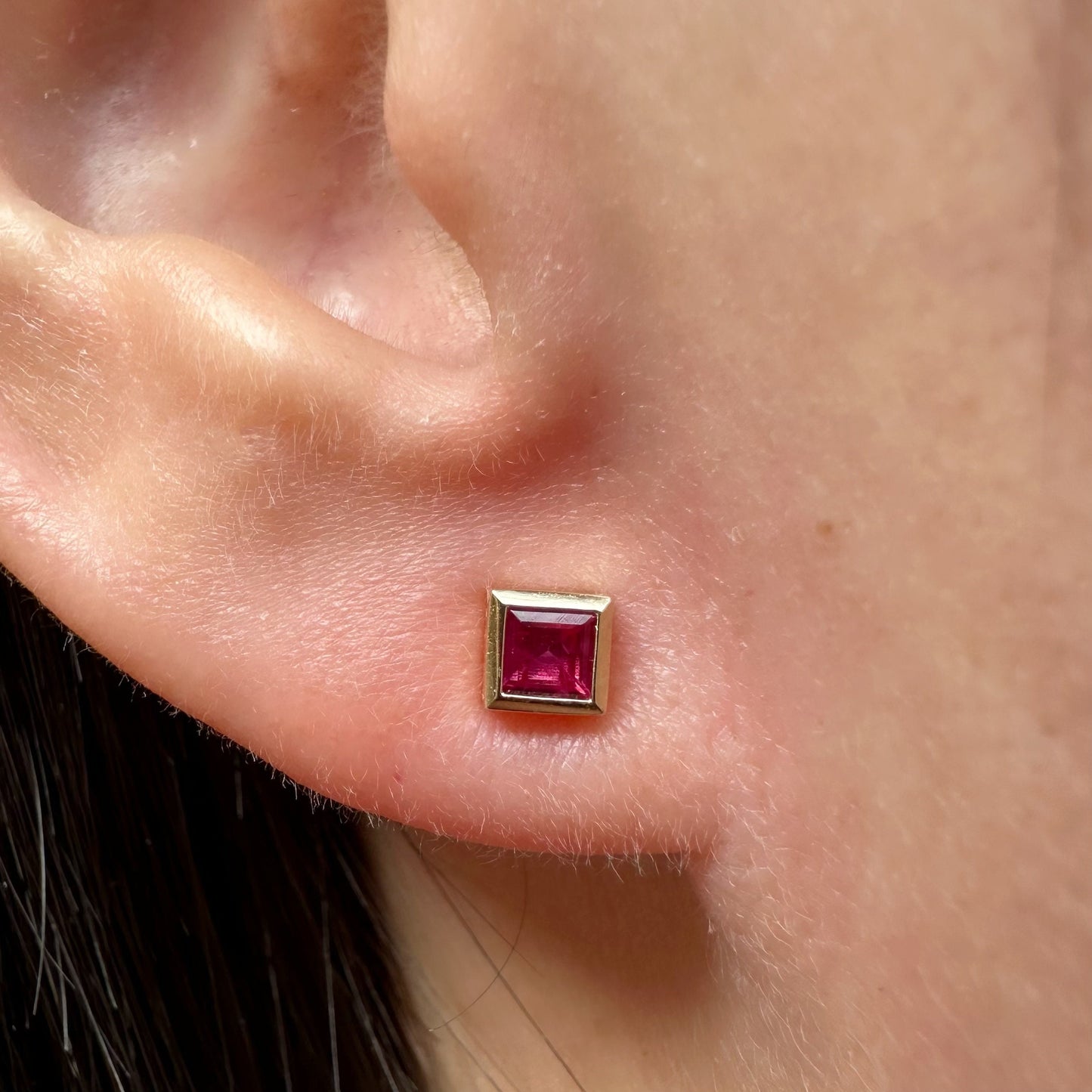 14K Solid Gold Genuine Square Ruby Bezel Studs/Pair