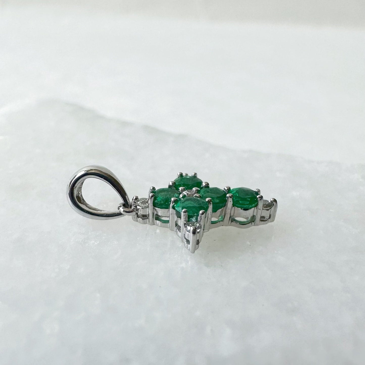 14K Solid White Gold Genuine Emerald and Diamond Dainty Cross Pendant