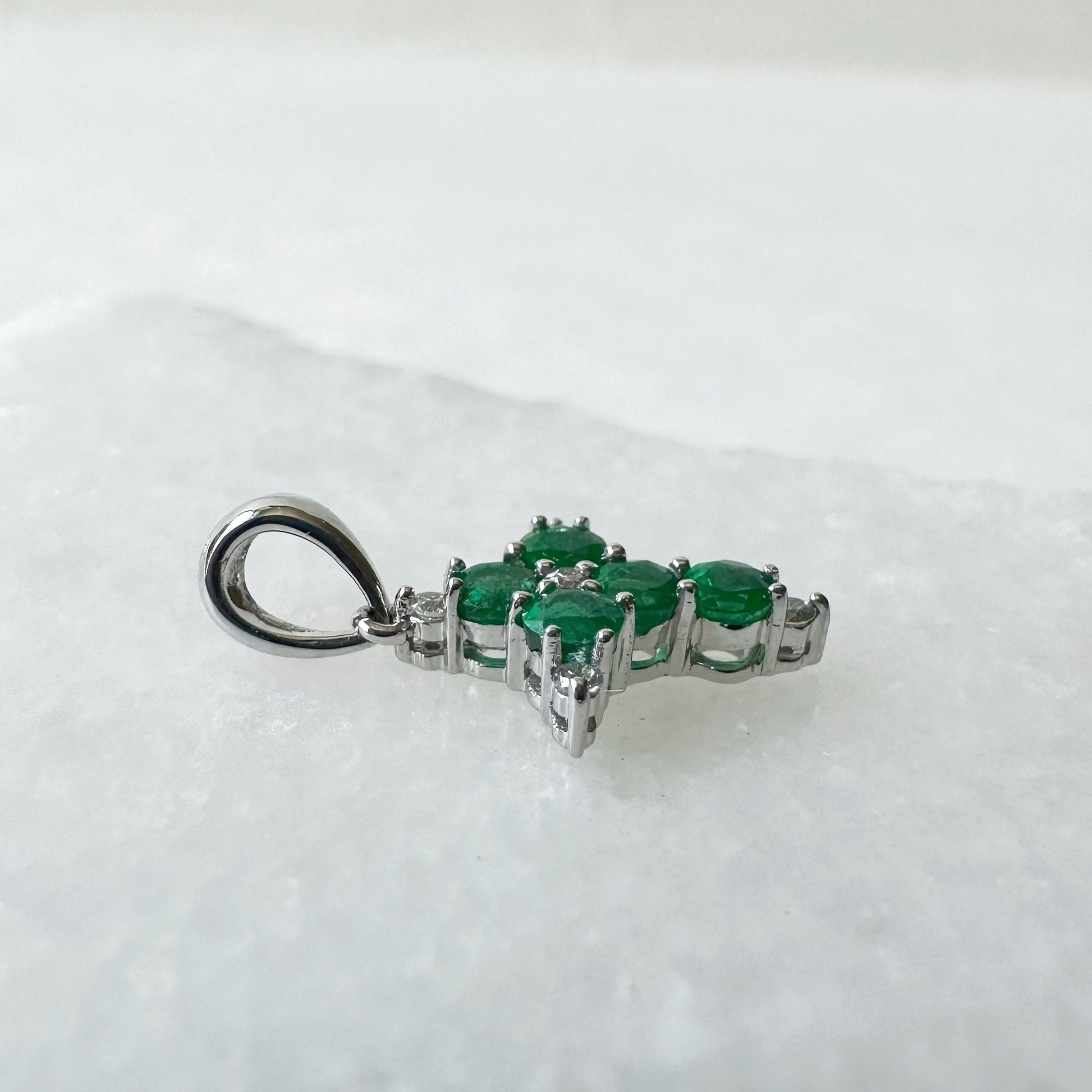 14K Solid White Gold Genuine Emerald and Diamond Dainty Cross Pendant