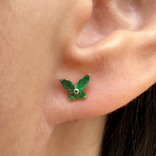 14K Solid Gold Genuine Emerald Butterfly Studs/Pair